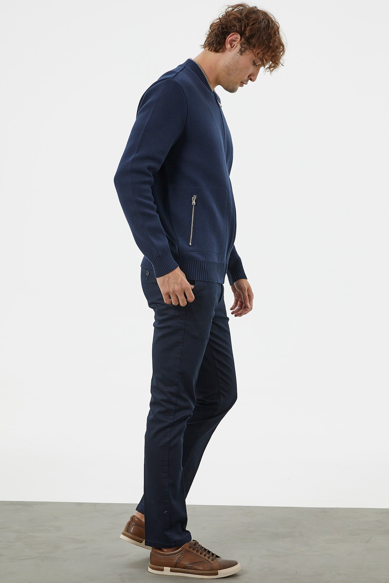 Fermuarlı Cep Detaylı Triko Hırka - Lacivert (6) Sementa