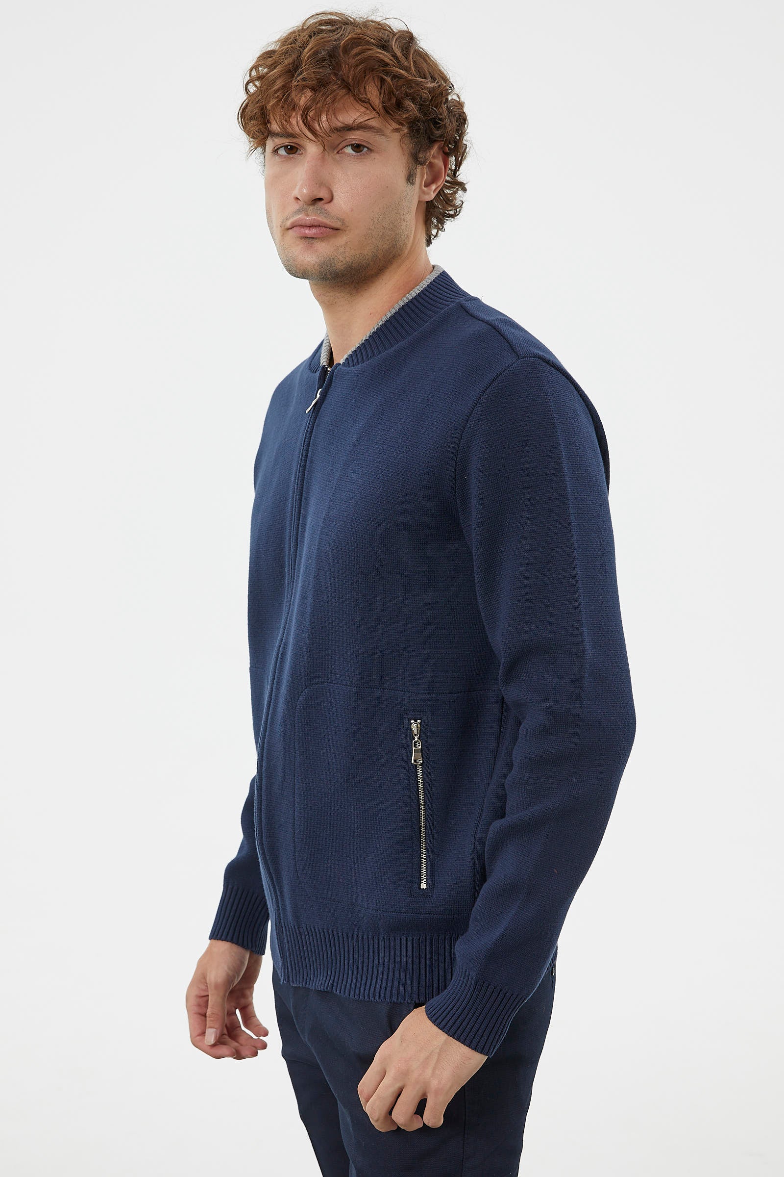 Fermuarlı Cep Detaylı Triko Hırka - Lacivert (5) Sementa