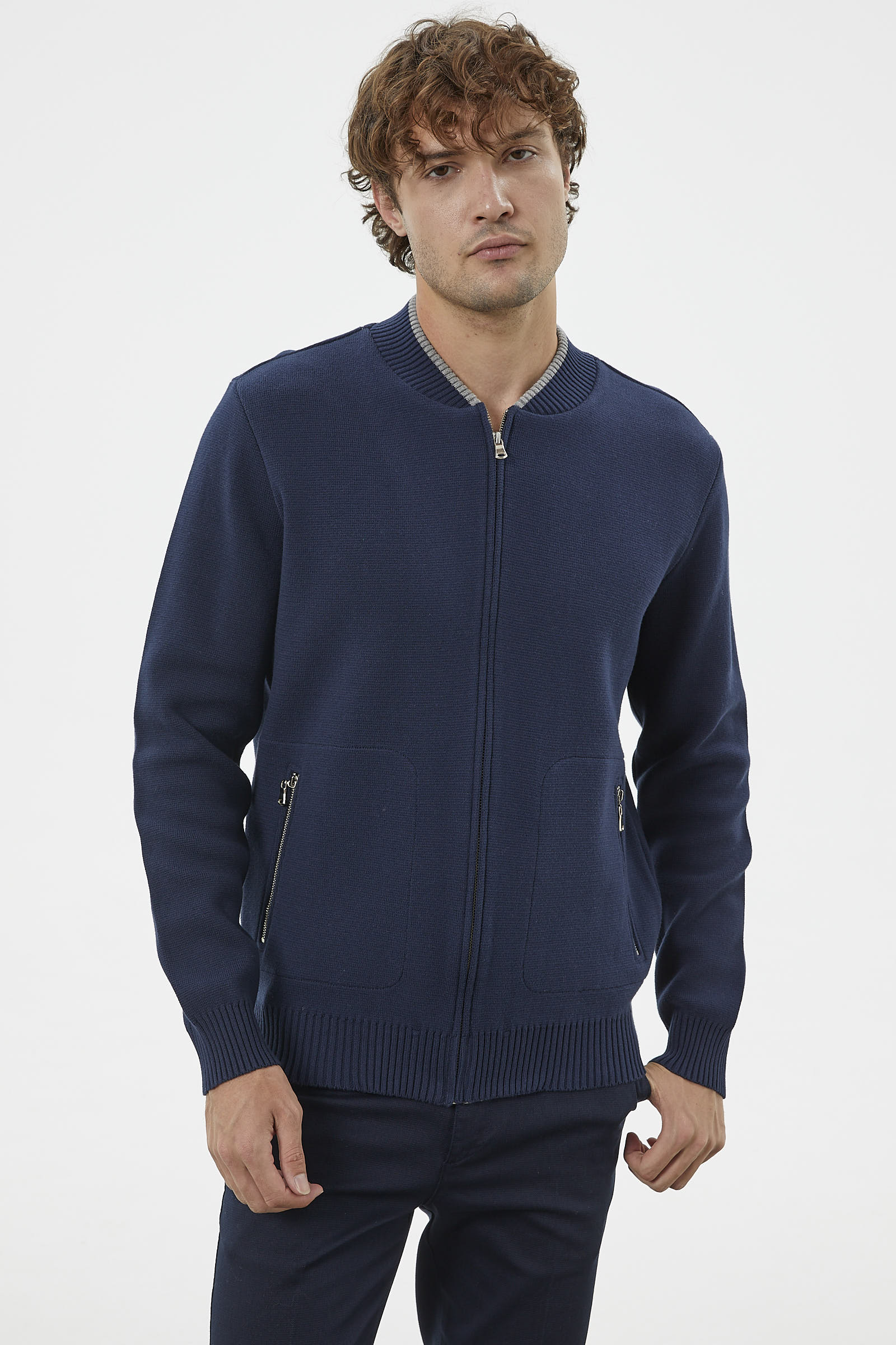 Fermuarlı Cep Detaylı Triko Hırka - Lacivert (2) Sementa