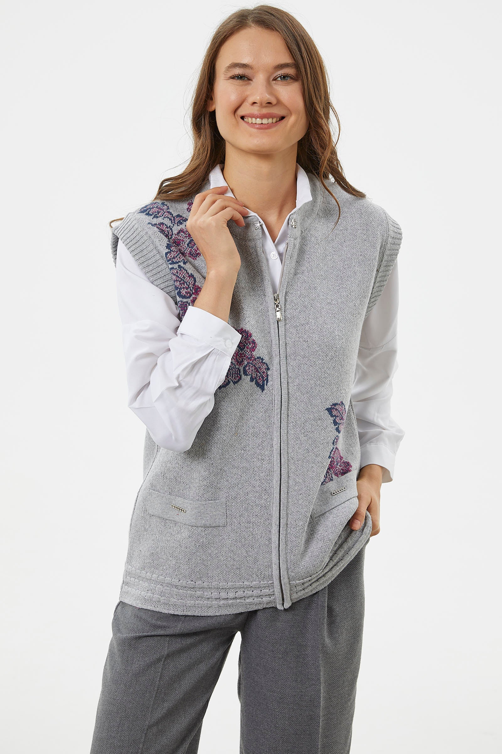 Fermuarlı Çiçek Motifli Triko Yelek - Gri (2) Sementa