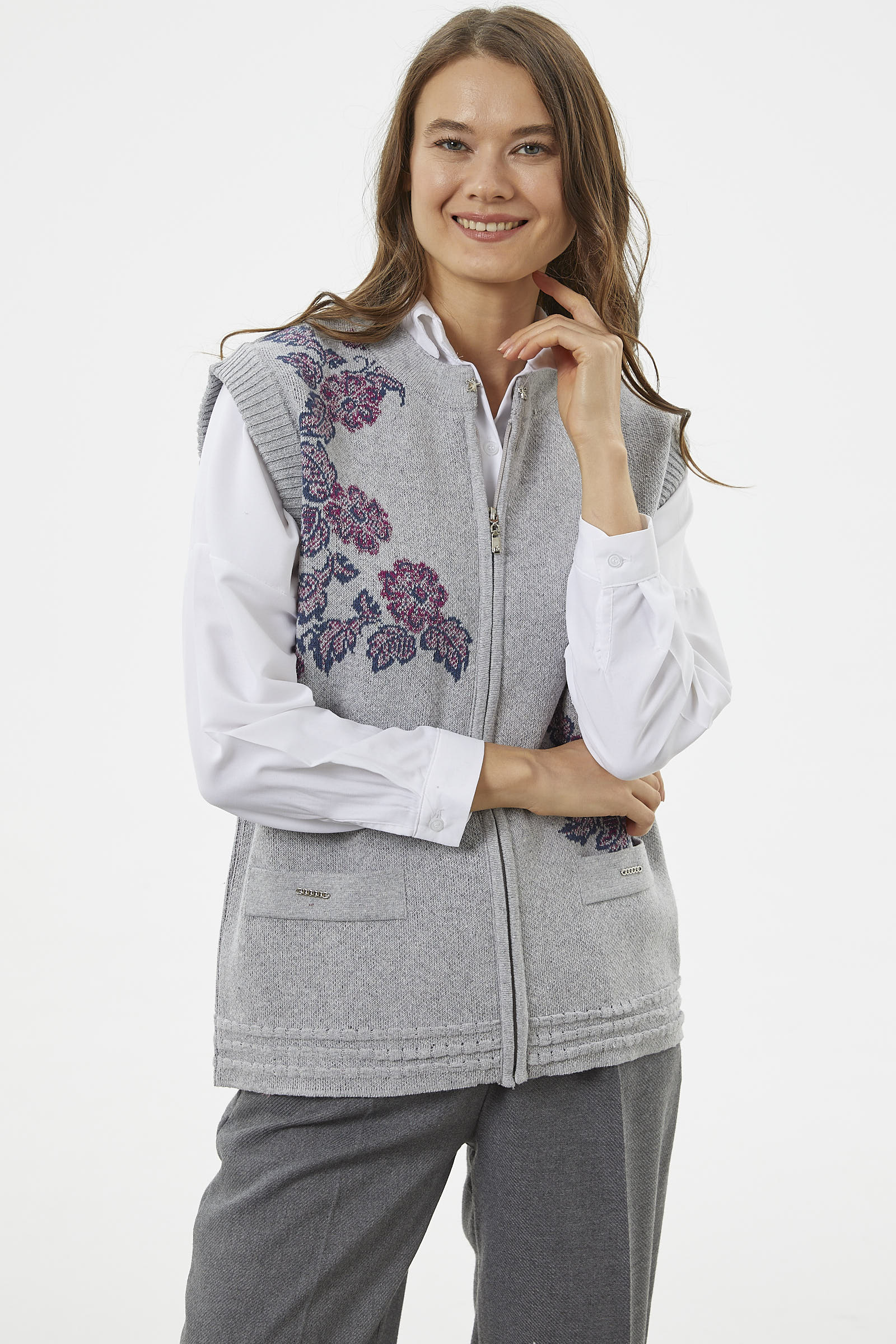 Fermuarlı Çiçek Motifli Triko Yelek - Gri (3) Sementa