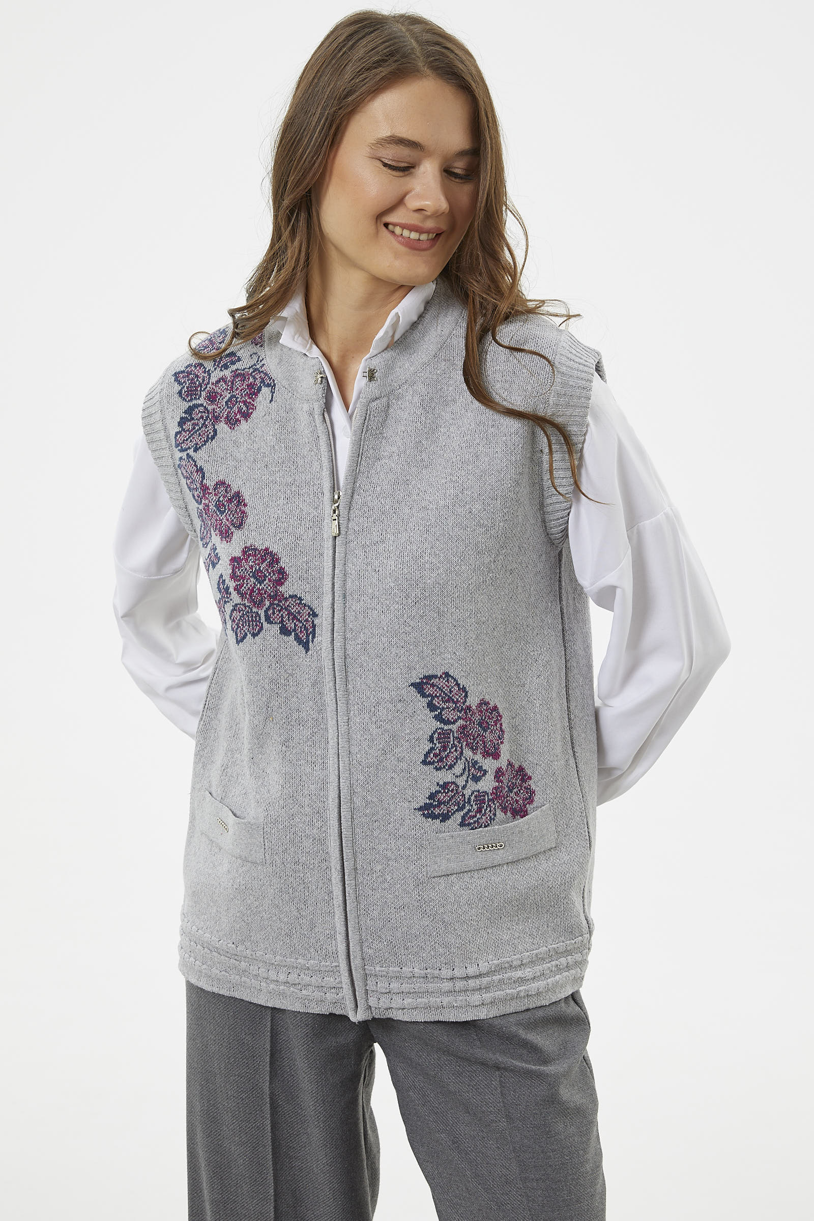 Fermuarlı Çiçek Motifli Triko Yelek - Gri (4) Sementa