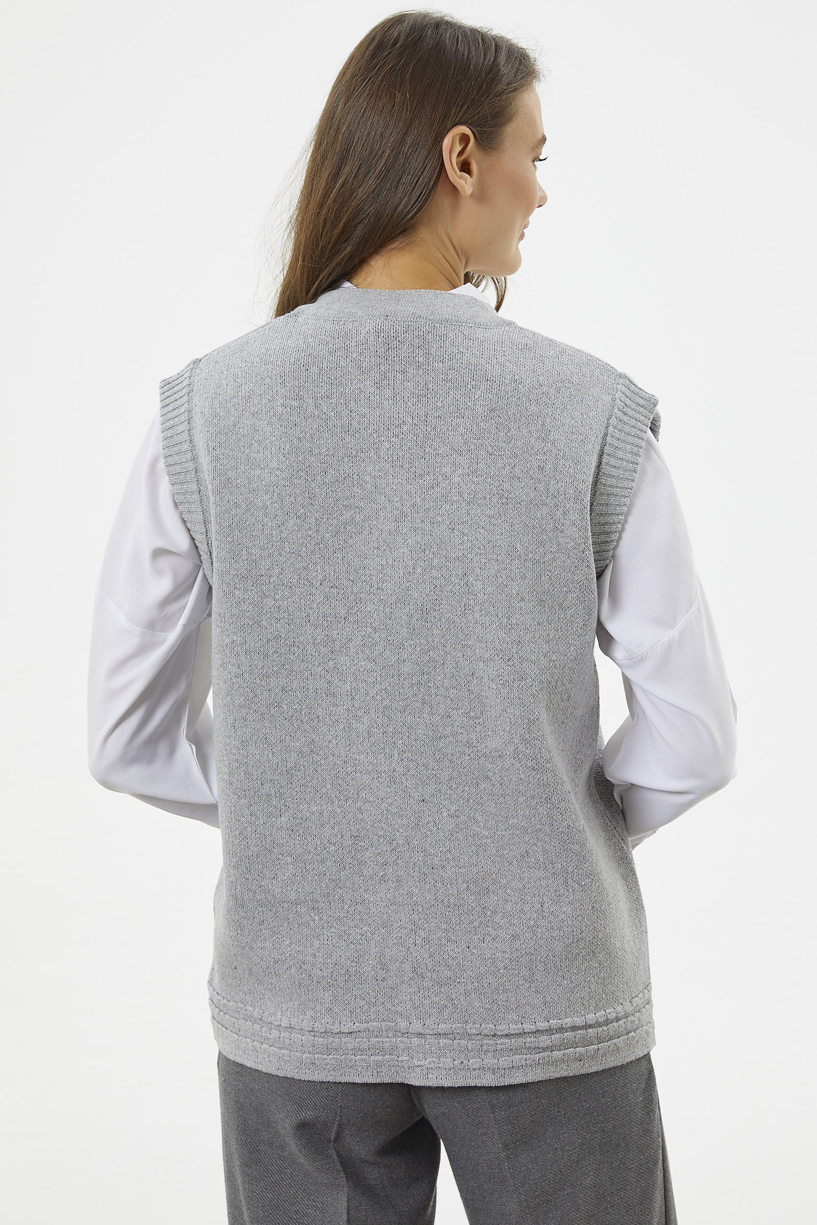 Fermuarlı Çiçek Motifli Triko Yelek - Gri (5) Sementa