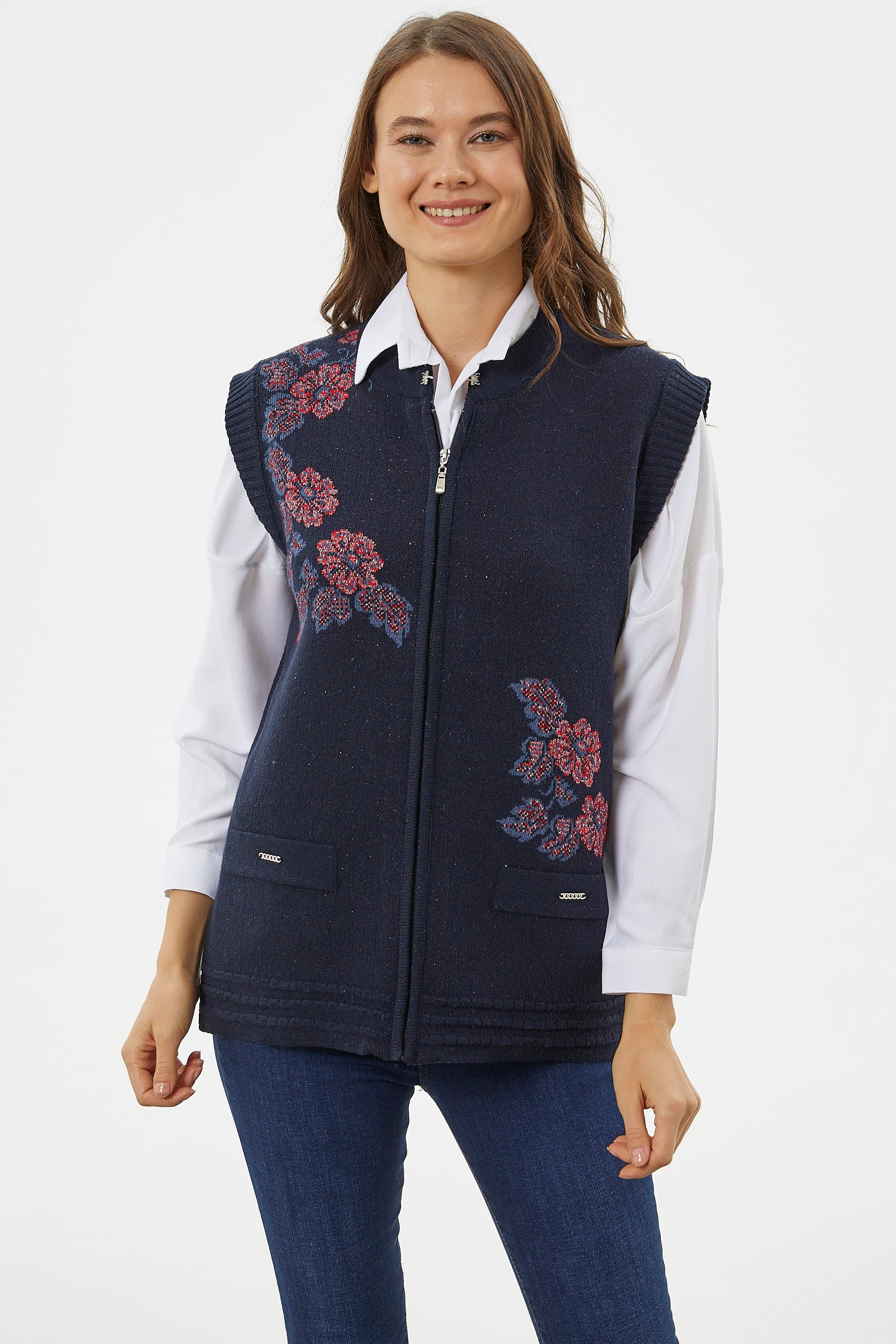 Fermuarlı Çiçek Motifli Triko Yelek - Lacivert (1) Sementa