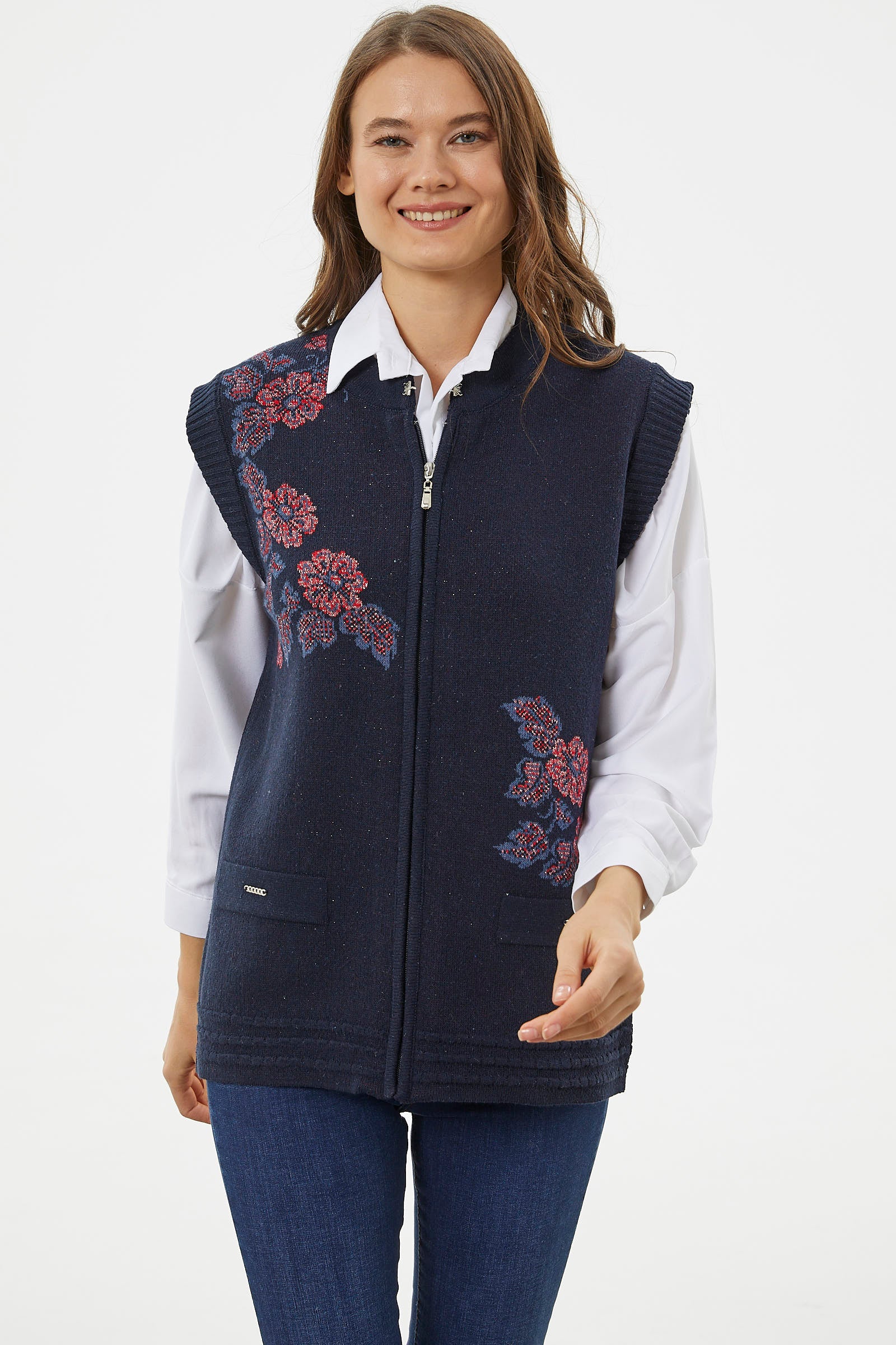 Fermuarlı Çiçek Motifli Triko Yelek - Lacivert (2) Sementa