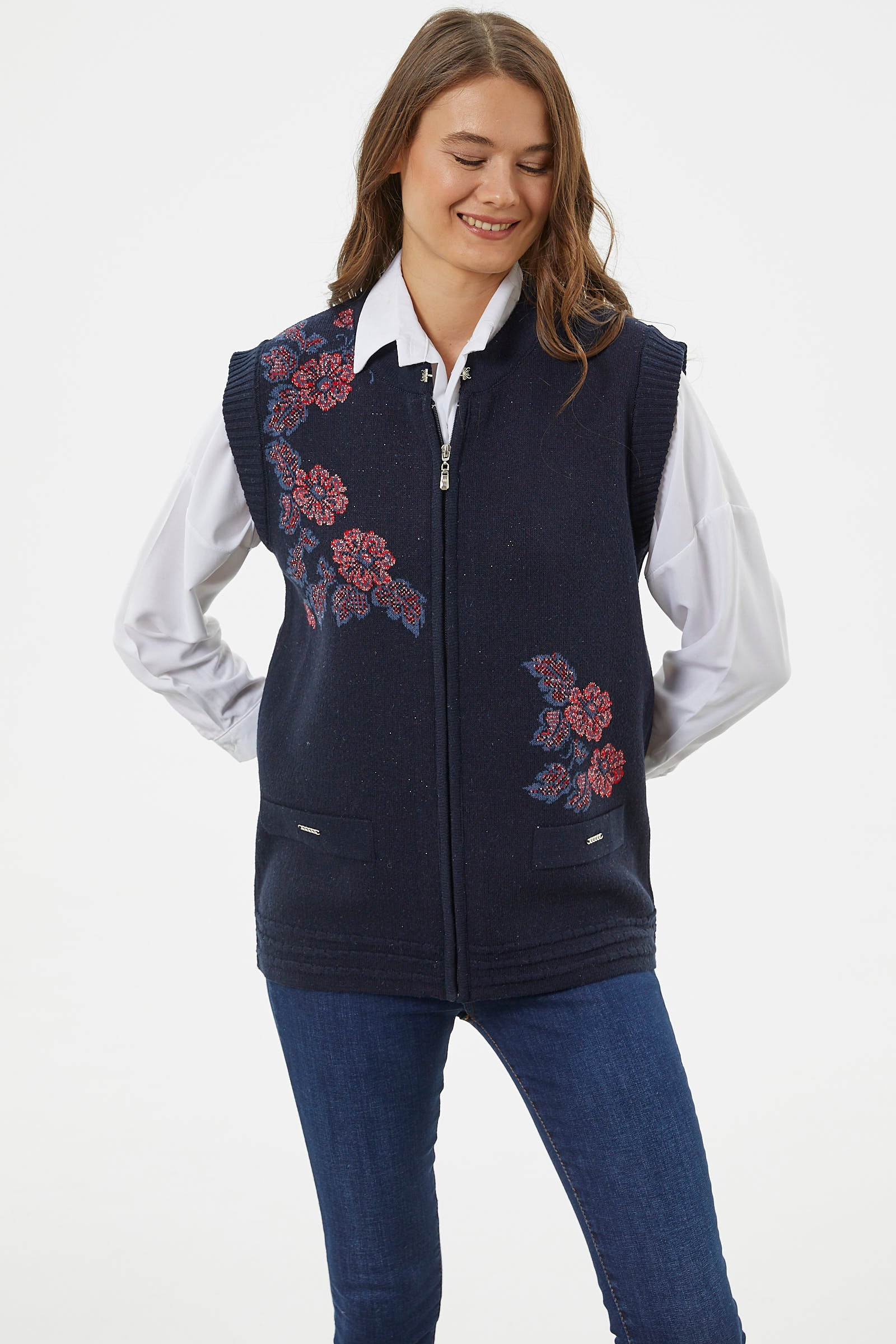 Fermuarlı Çiçek Motifli Triko Yelek - Lacivert (3) Sementa