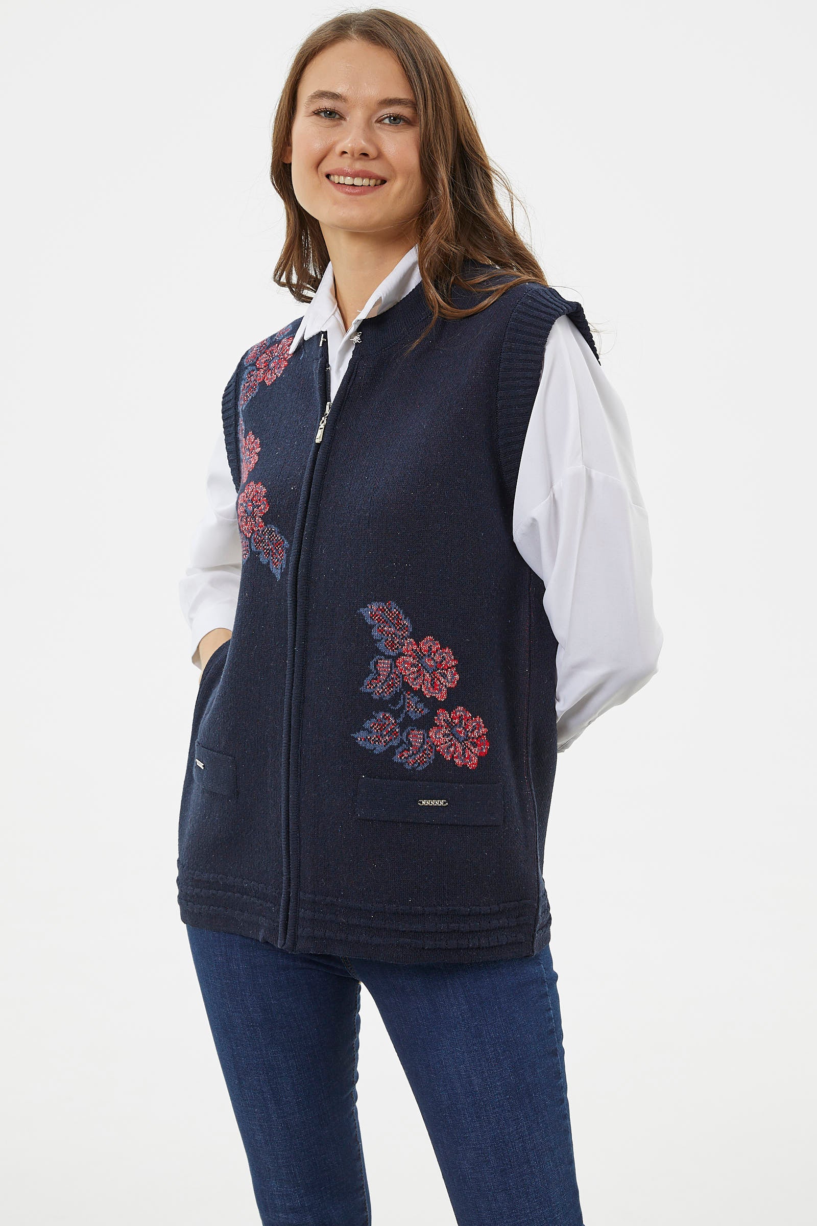 Fermuarlı Çiçek Motifli Triko Yelek - Lacivert (4) Sementa