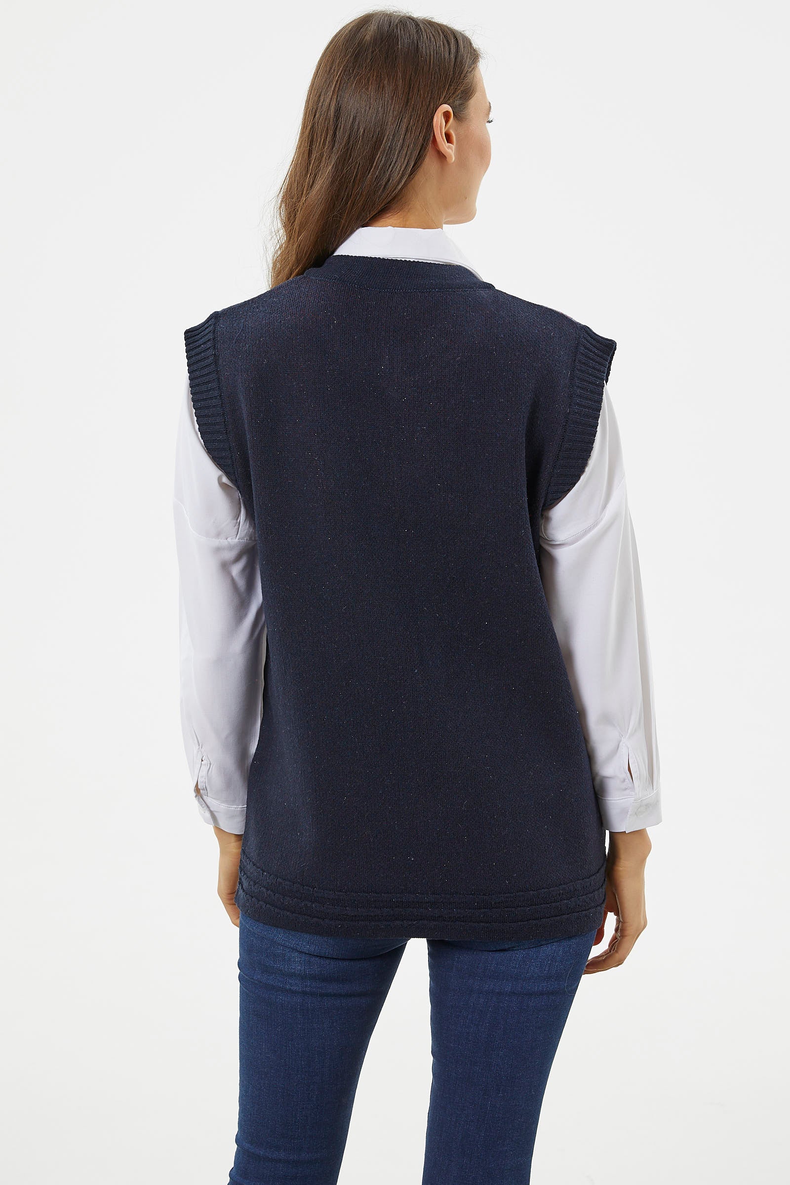 Fermuarlı Çiçek Motifli Triko Yelek - Lacivert (5) Sementa