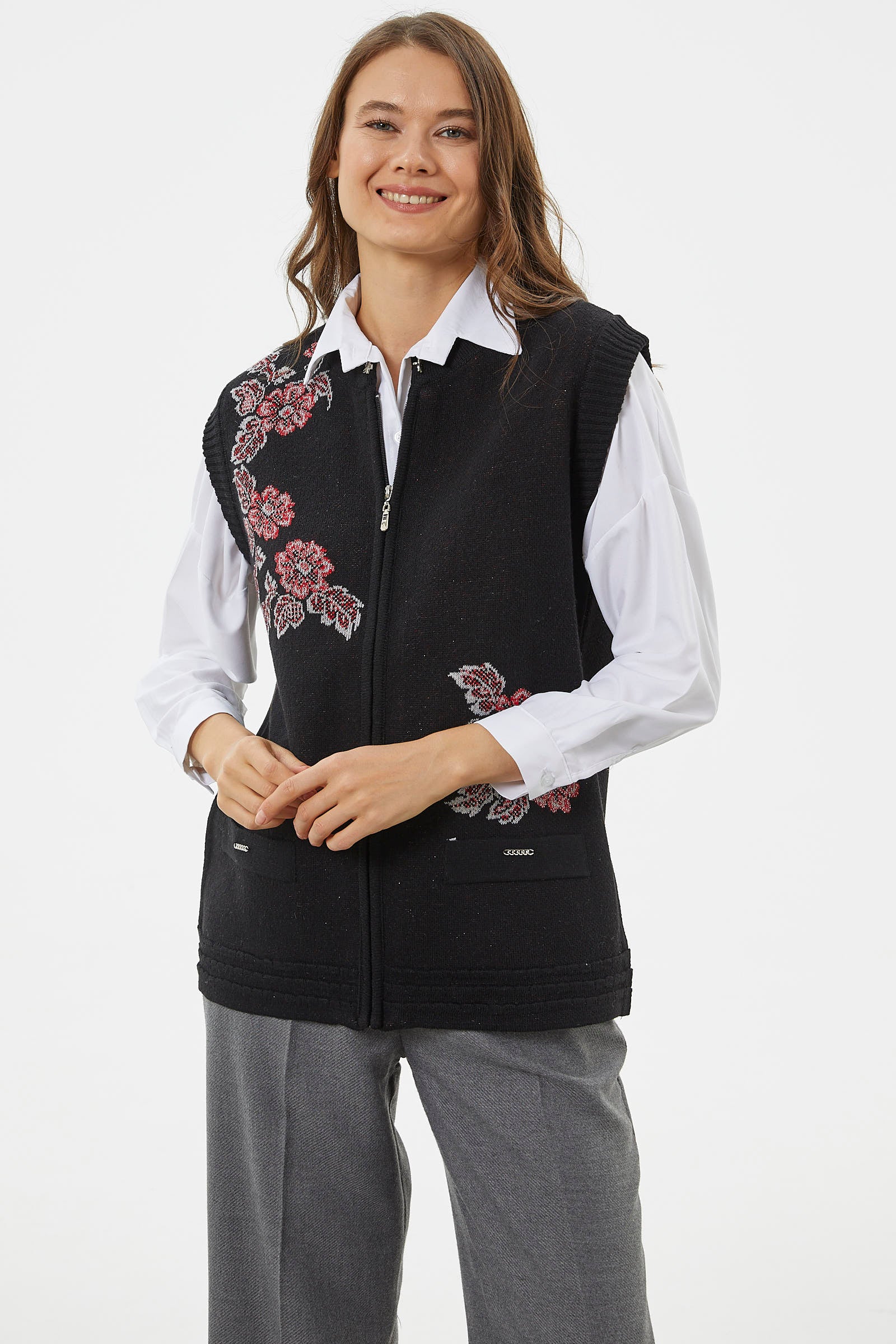 Fermuarlı Çiçek Motifli Triko Yelek - Siyah (2) Sementa