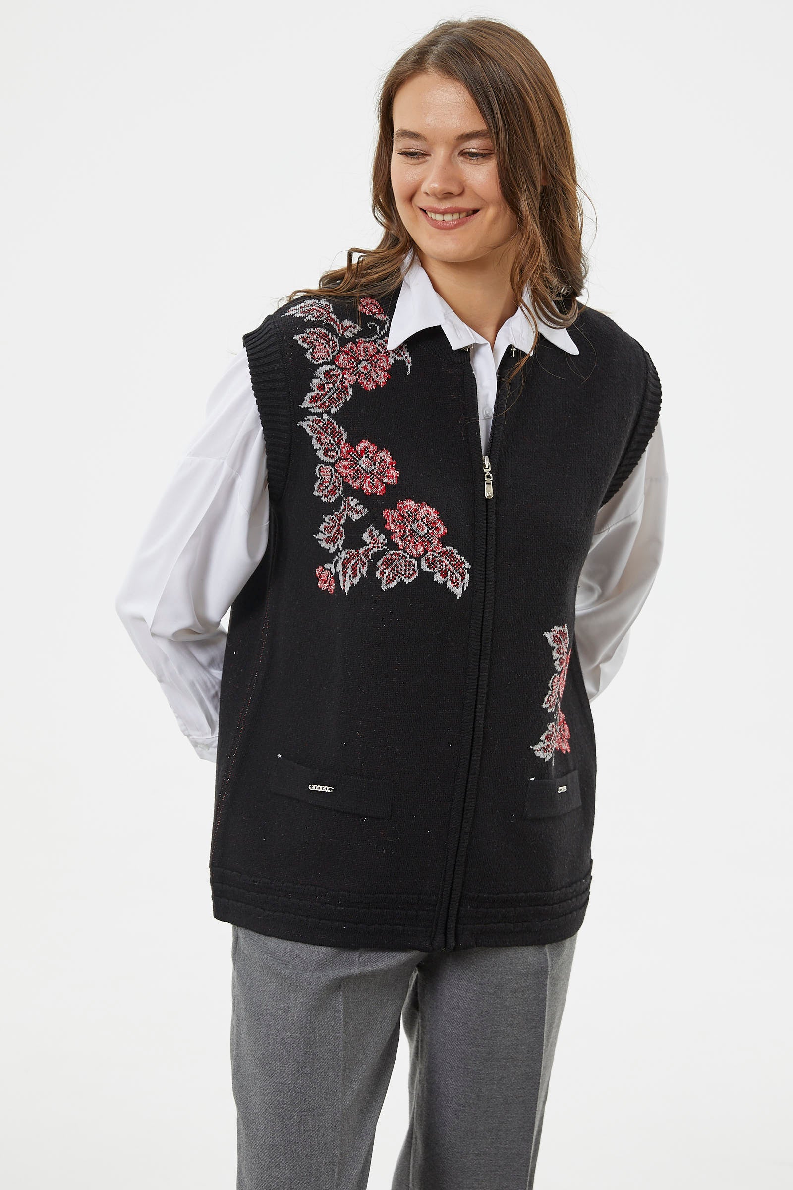 Fermuarlı Çiçek Motifli Triko Yelek - Siyah (3) Sementa