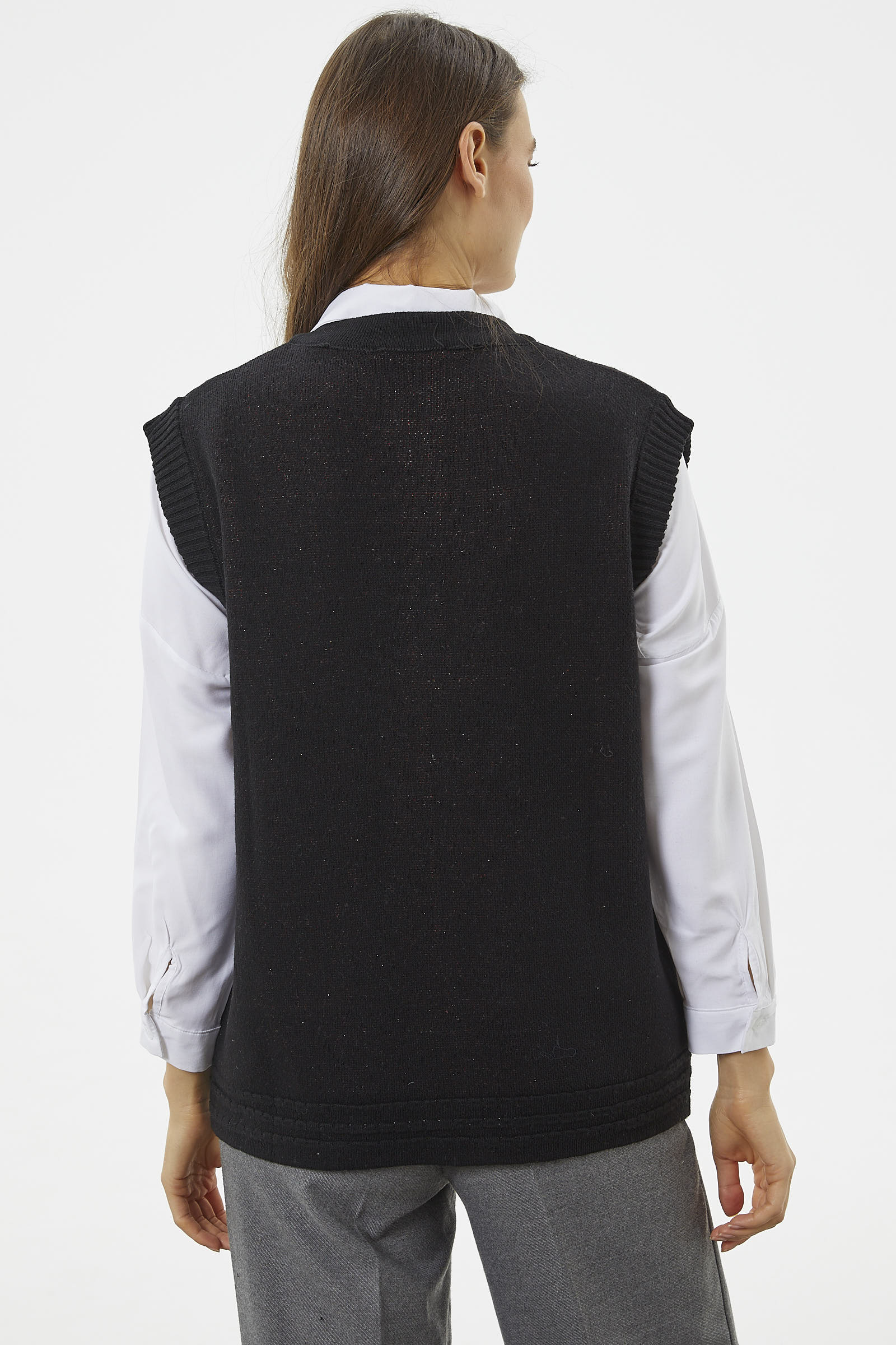 Fermuarlı Çiçek Motifli Triko Yelek - Siyah (4) Sementa