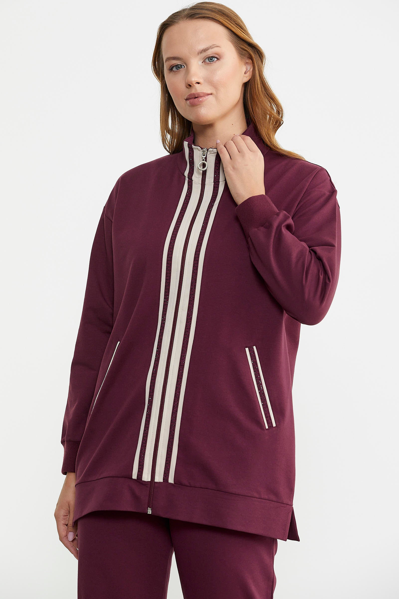 Fermuarlı Dik Yaka Tunik Eşofman Takım - Bordo - Sementa