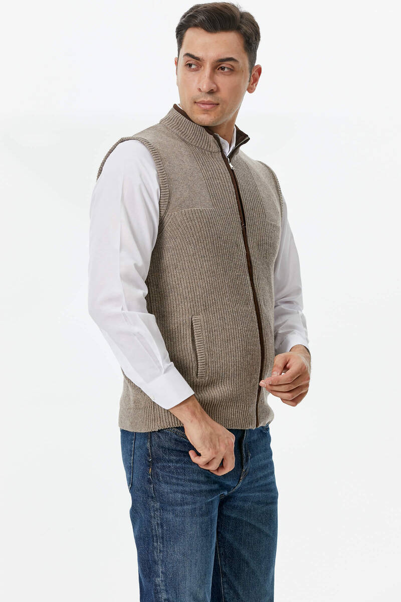 Fermuarlı Dik Yakalı Triko Yelek - Sütlü Kahve (3) Sementa