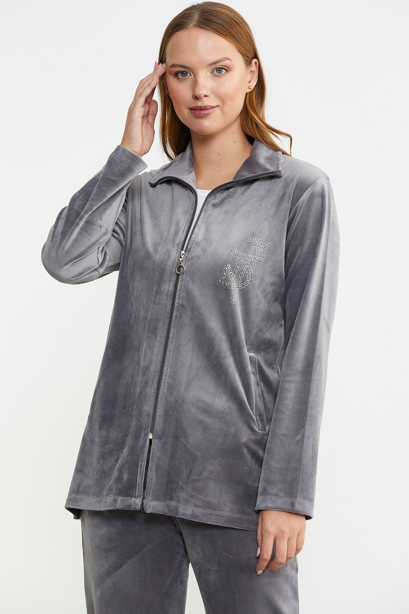 Fermuarlı Kadife Tunik Eşofman Takım - Gri - Sementa