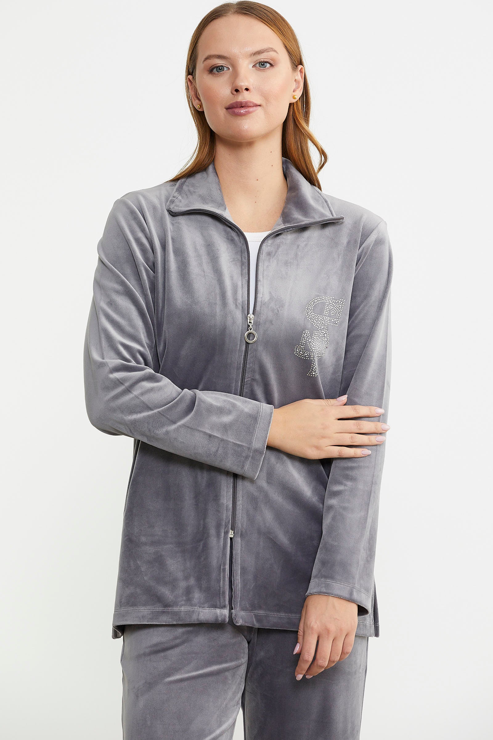 Fermuarlı Kadife Tunik Eşofman Takım - Gri - Sementa