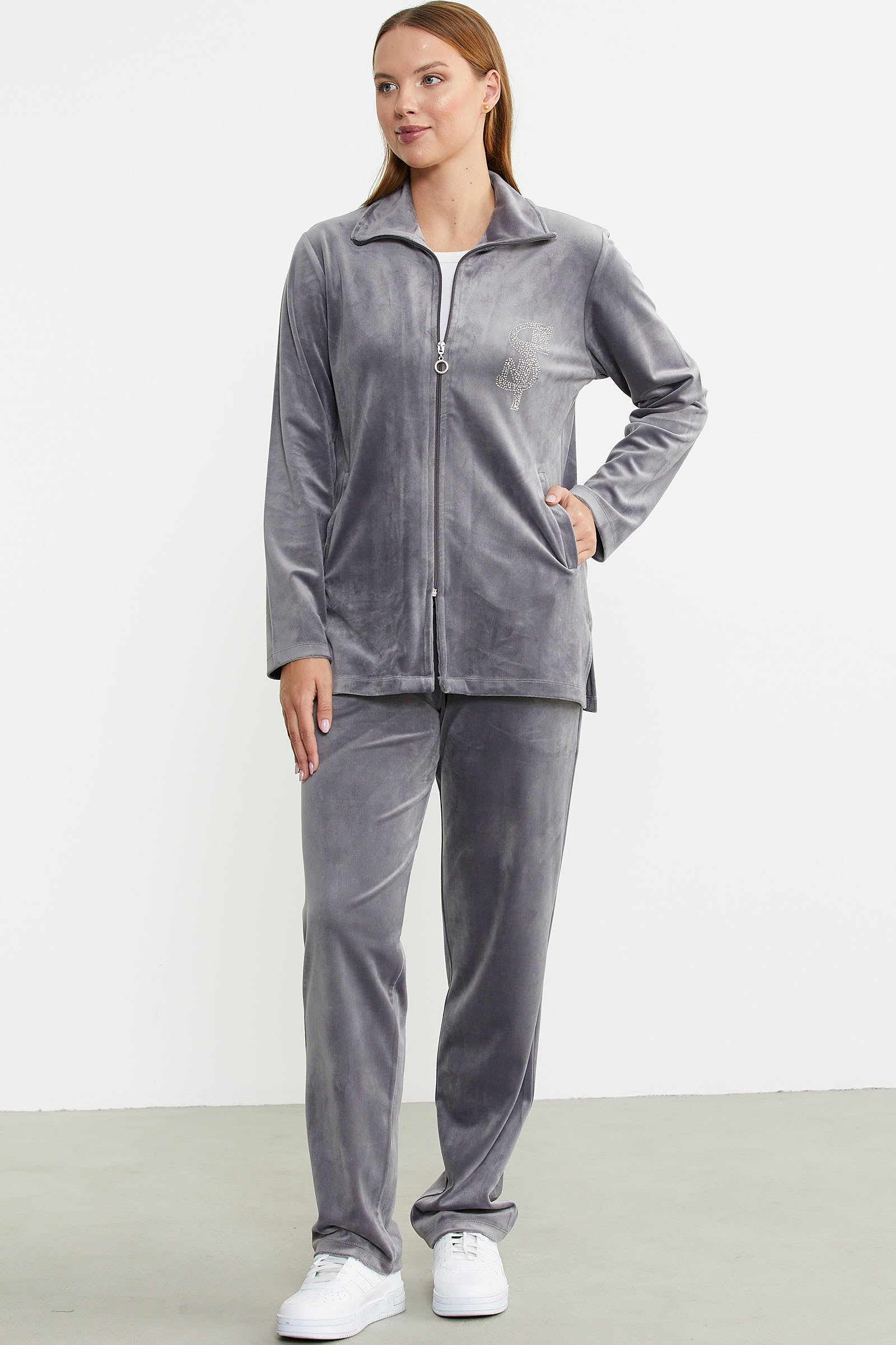 Fermuarlı Kadife Tunik Eşofman Takım - Gri - Sementa