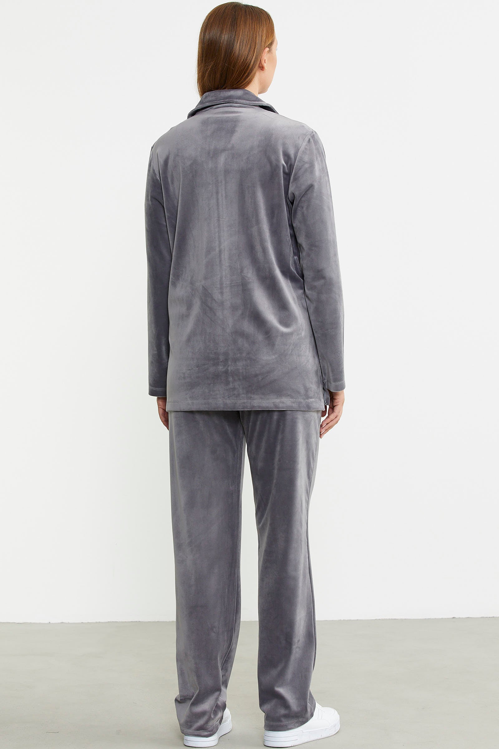 Fermuarlı Kadife Tunik Eşofman Takım - Gri - Sementa