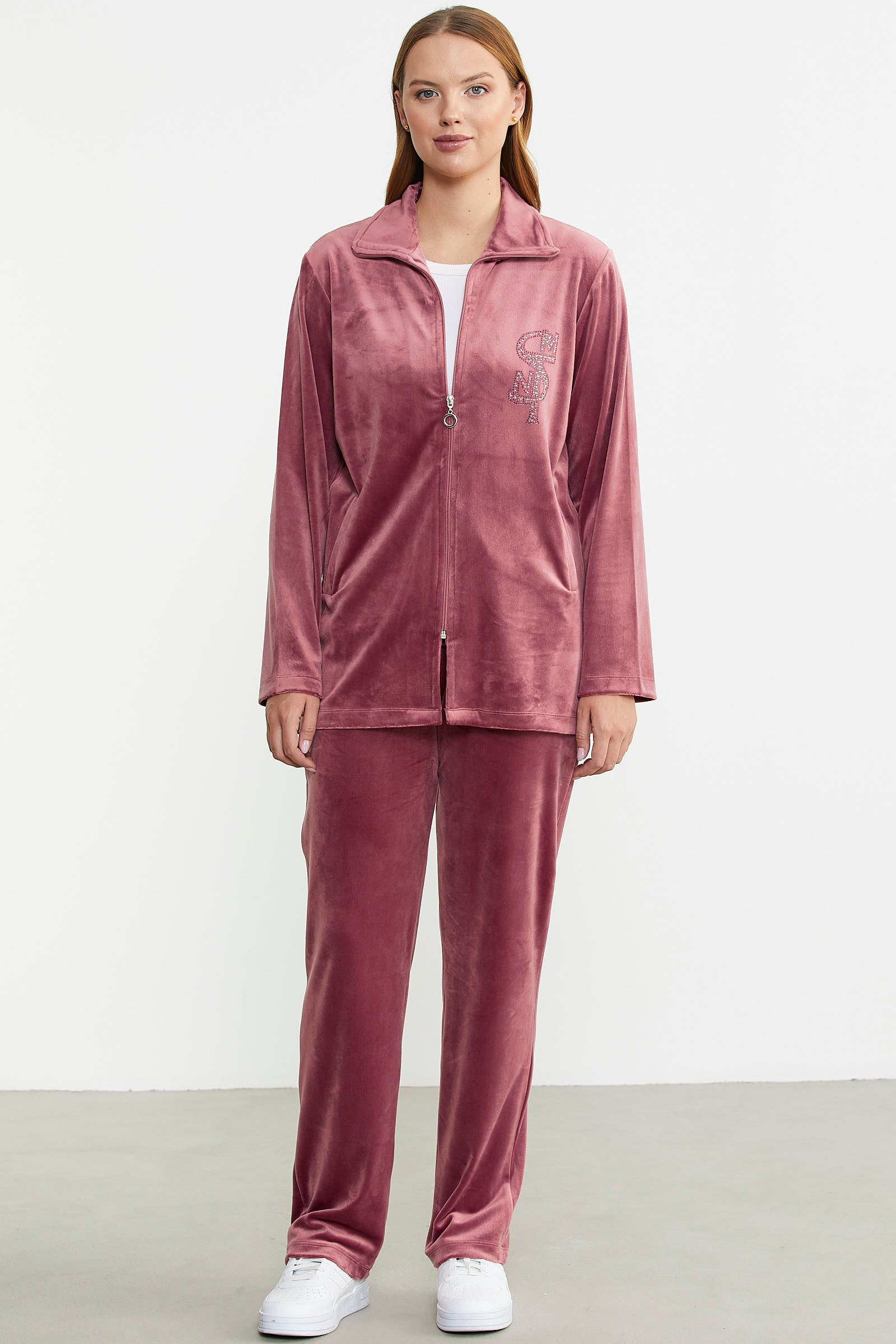 Fermuarlı Kadife Tunik Eşofman Takım - Gül - Sementa