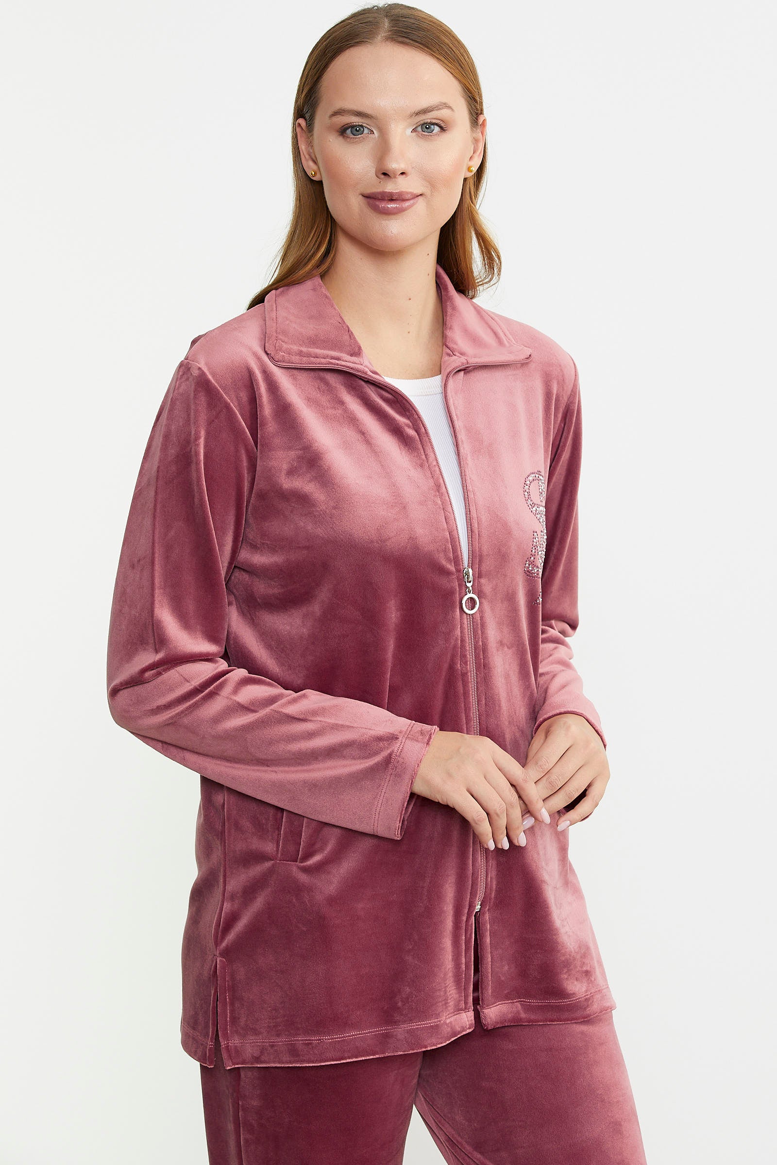 Fermuarlı Kadife Tunik Eşofman Takım - Gül - Sementa