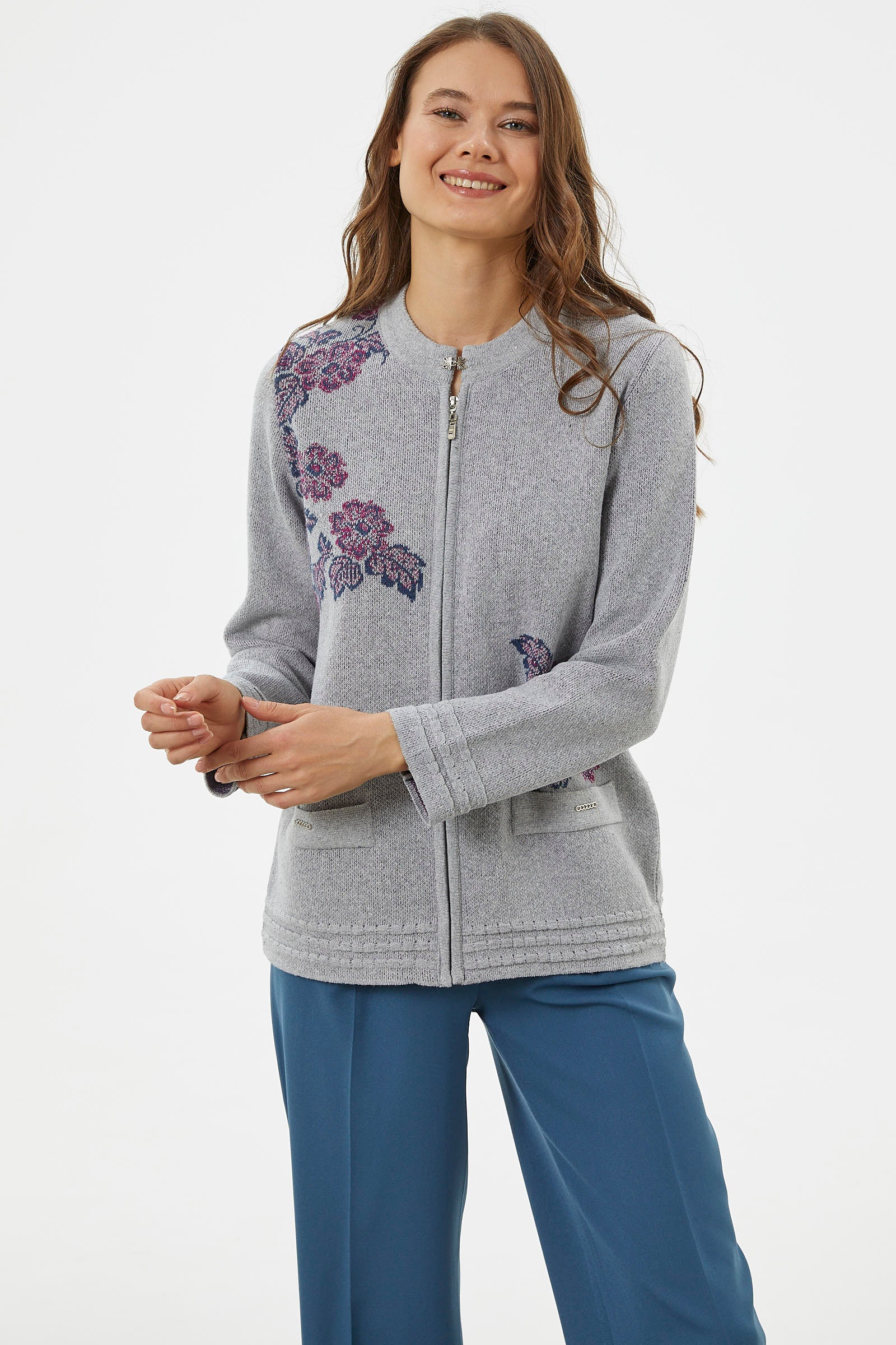 Fermuarlı Kalın Örgü Triko Ceket - Gri (2) Sementa