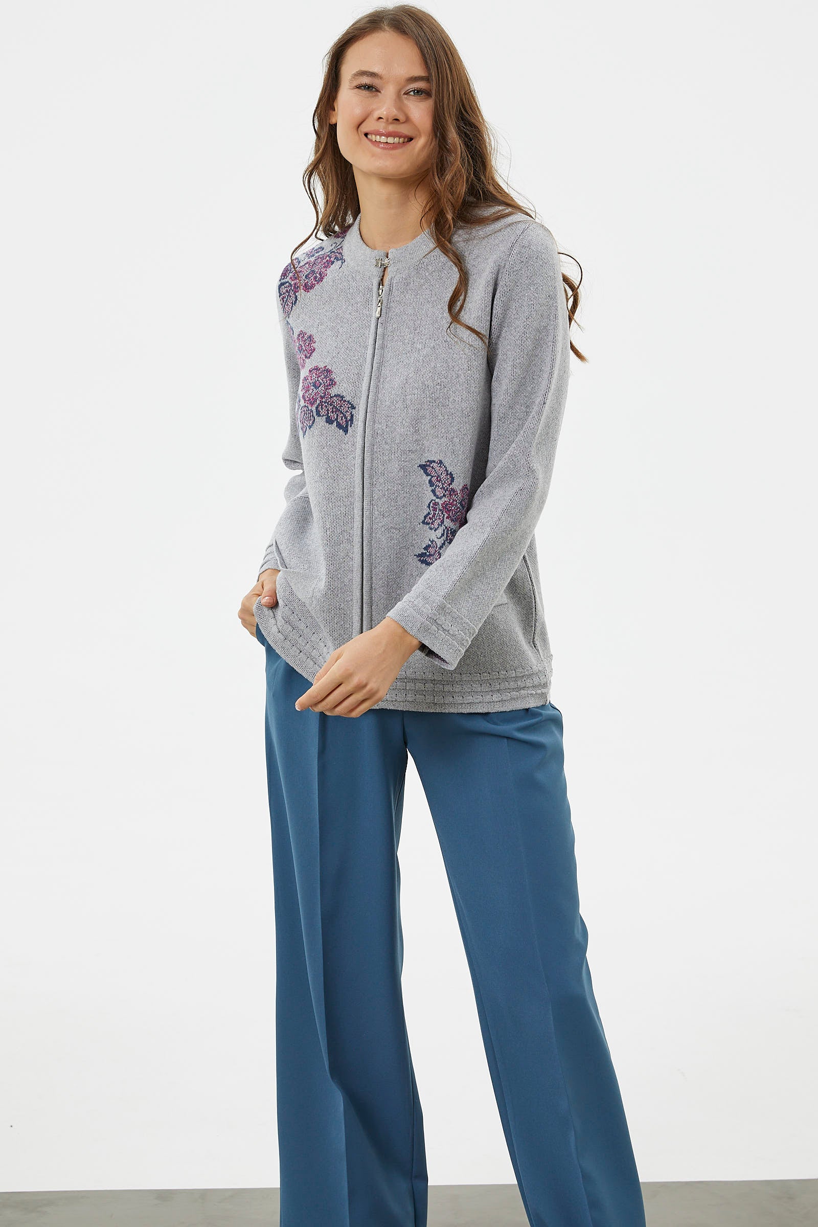 Fermuarlı Kalın Örgü Triko Ceket - Gri (4) Sementa