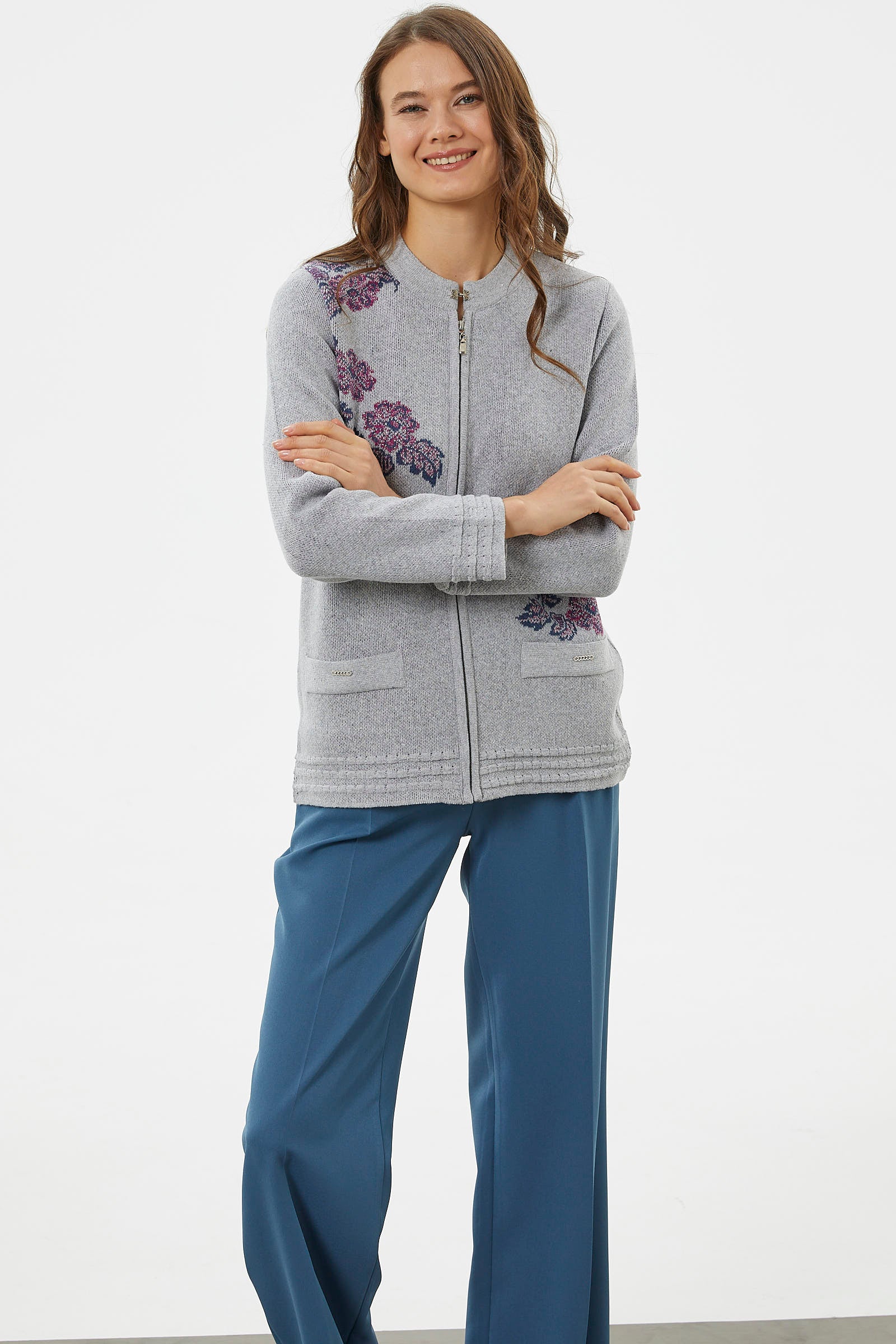 Fermuarlı Kalın Örgü Triko Ceket - Gri (5) Sementa