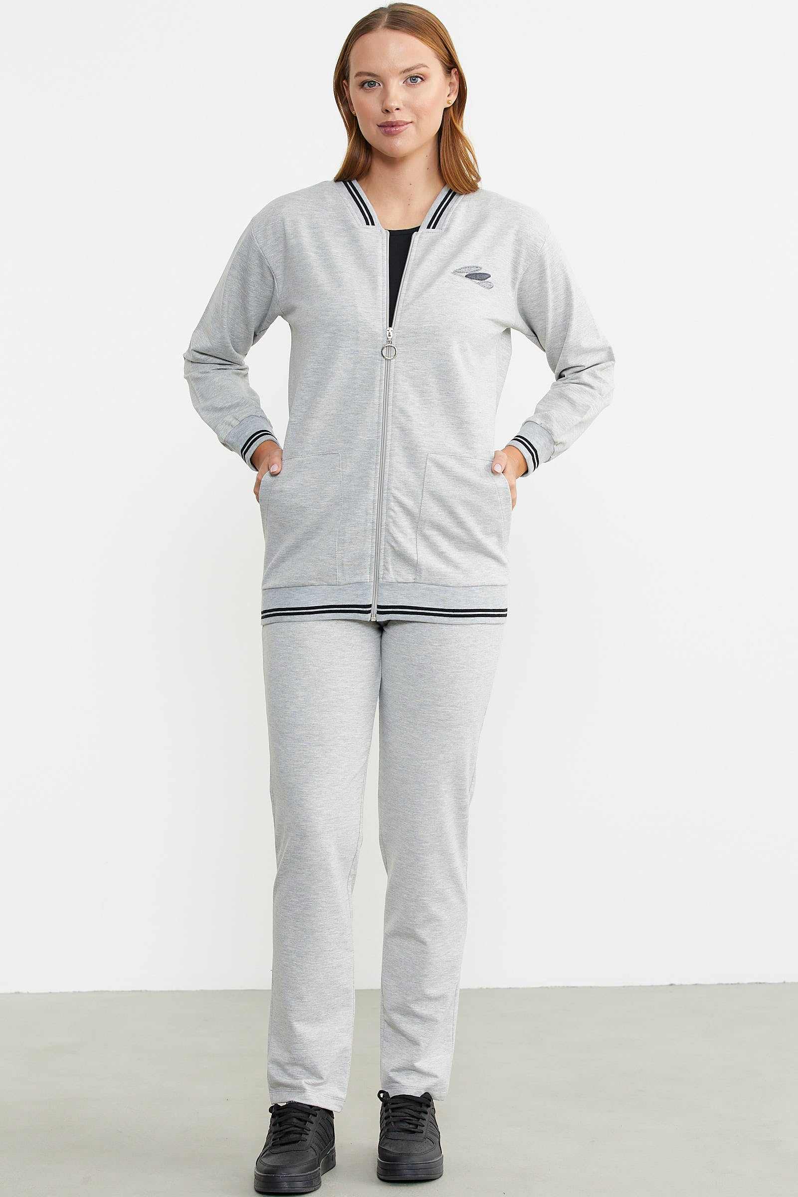 Fermuarlı Örme Kombinli Eşofman Takım - Gri - Sementa