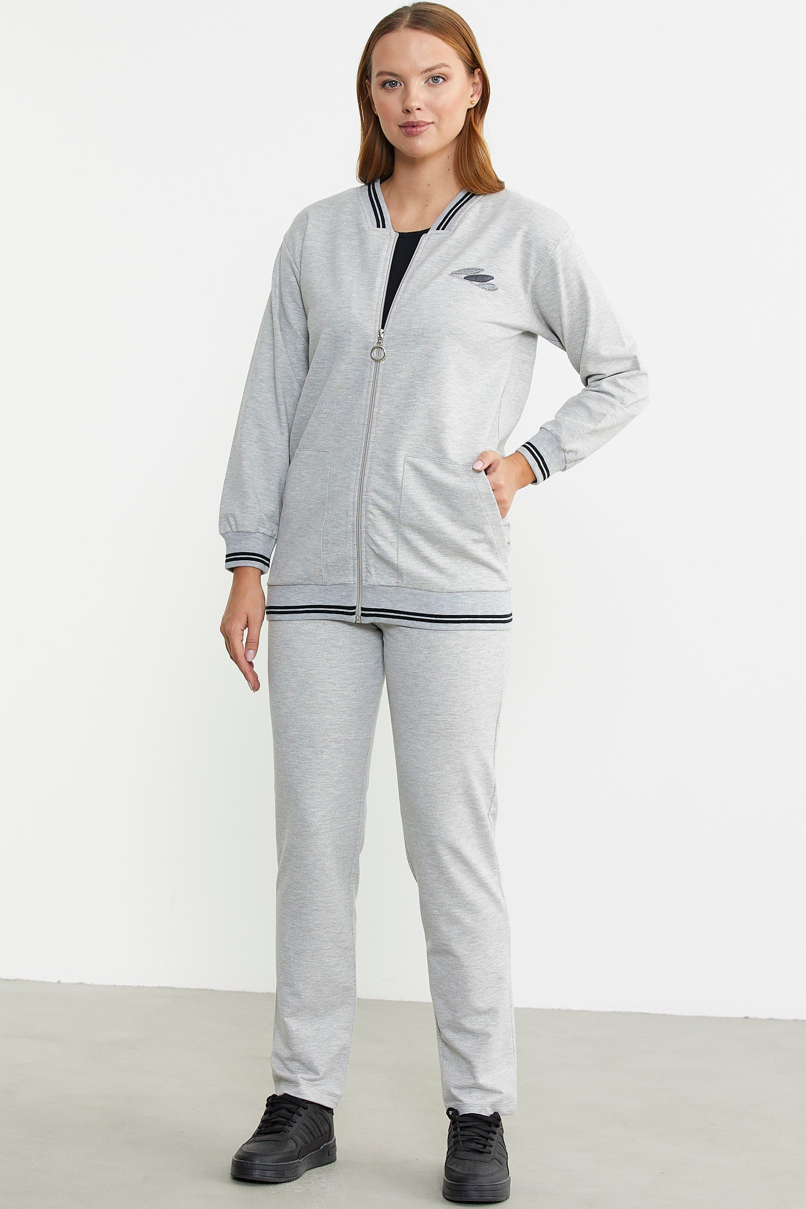 Fermuarlı Örme Kombinli Eşofman Takım - Gri - Sementa