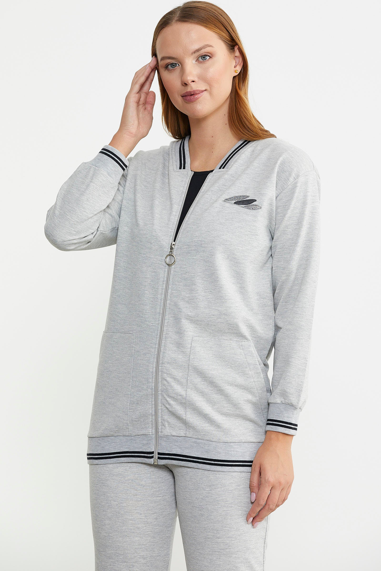 Fermuarlı Örme Kombinli Eşofman Takım - Gri - Sementa