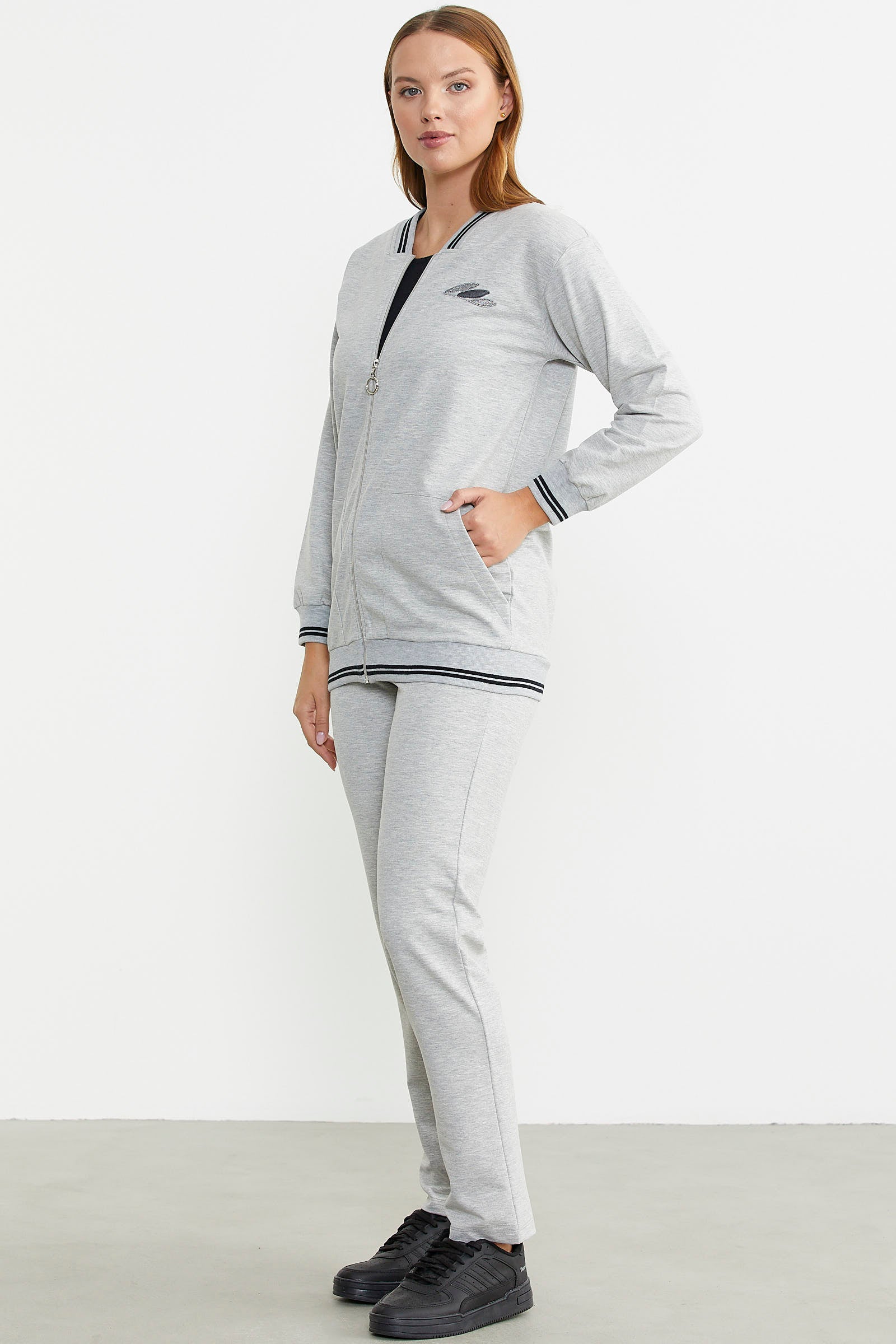 Fermuarlı Örme Kombinli Eşofman Takım - Gri - Sementa