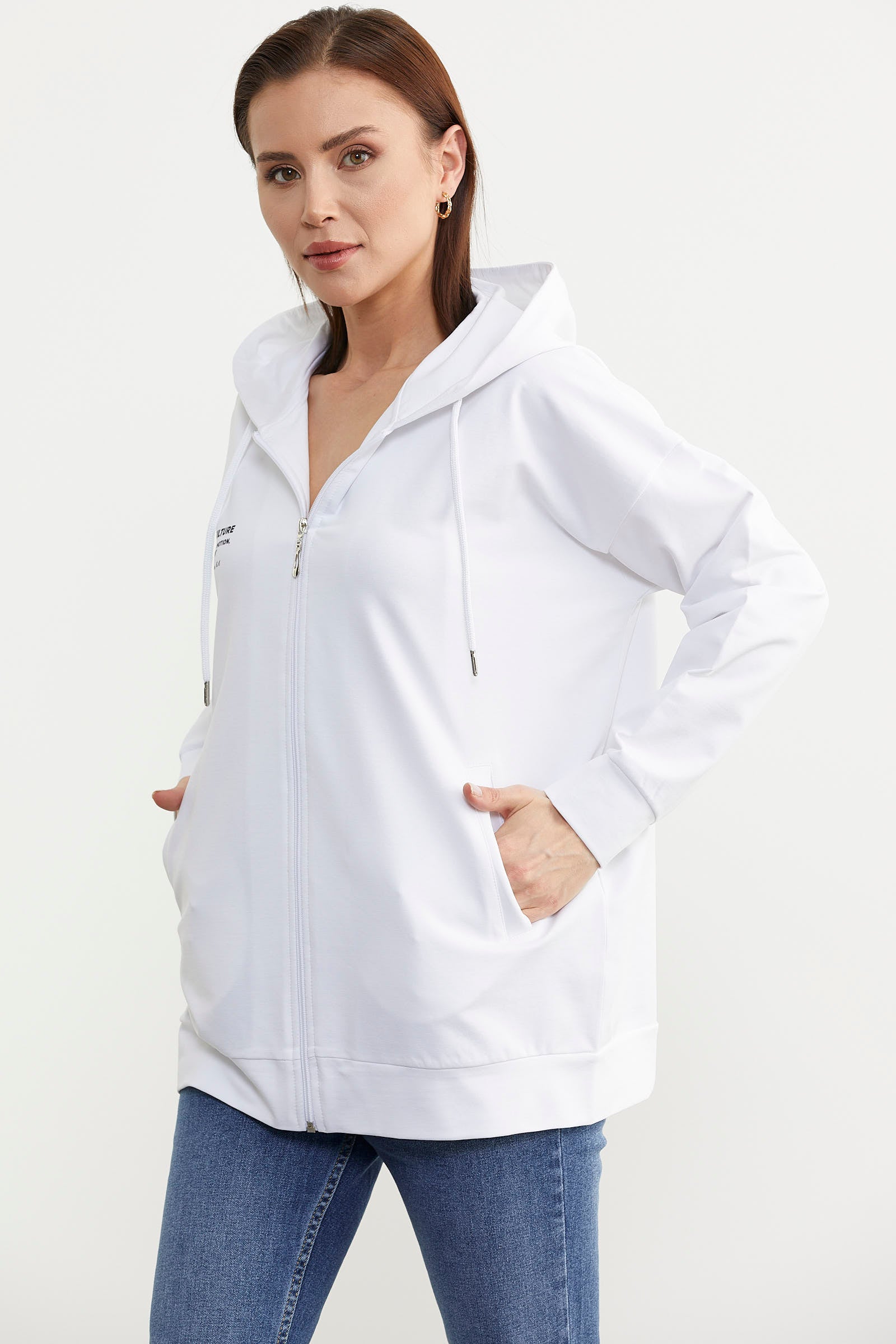 Fermuarlı Oversize Sweat - Beyaz (2) Sementa