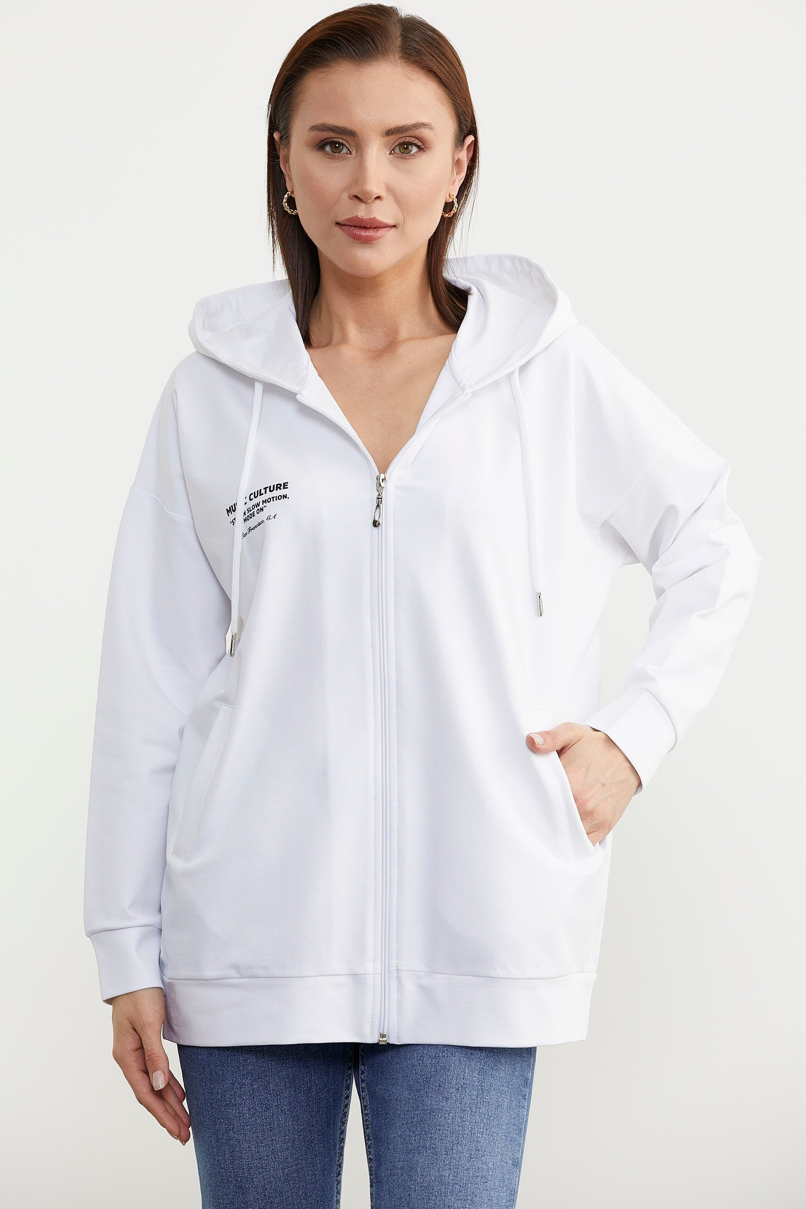 Fermuarlı Oversize Sweat - Beyaz (3) Sementa