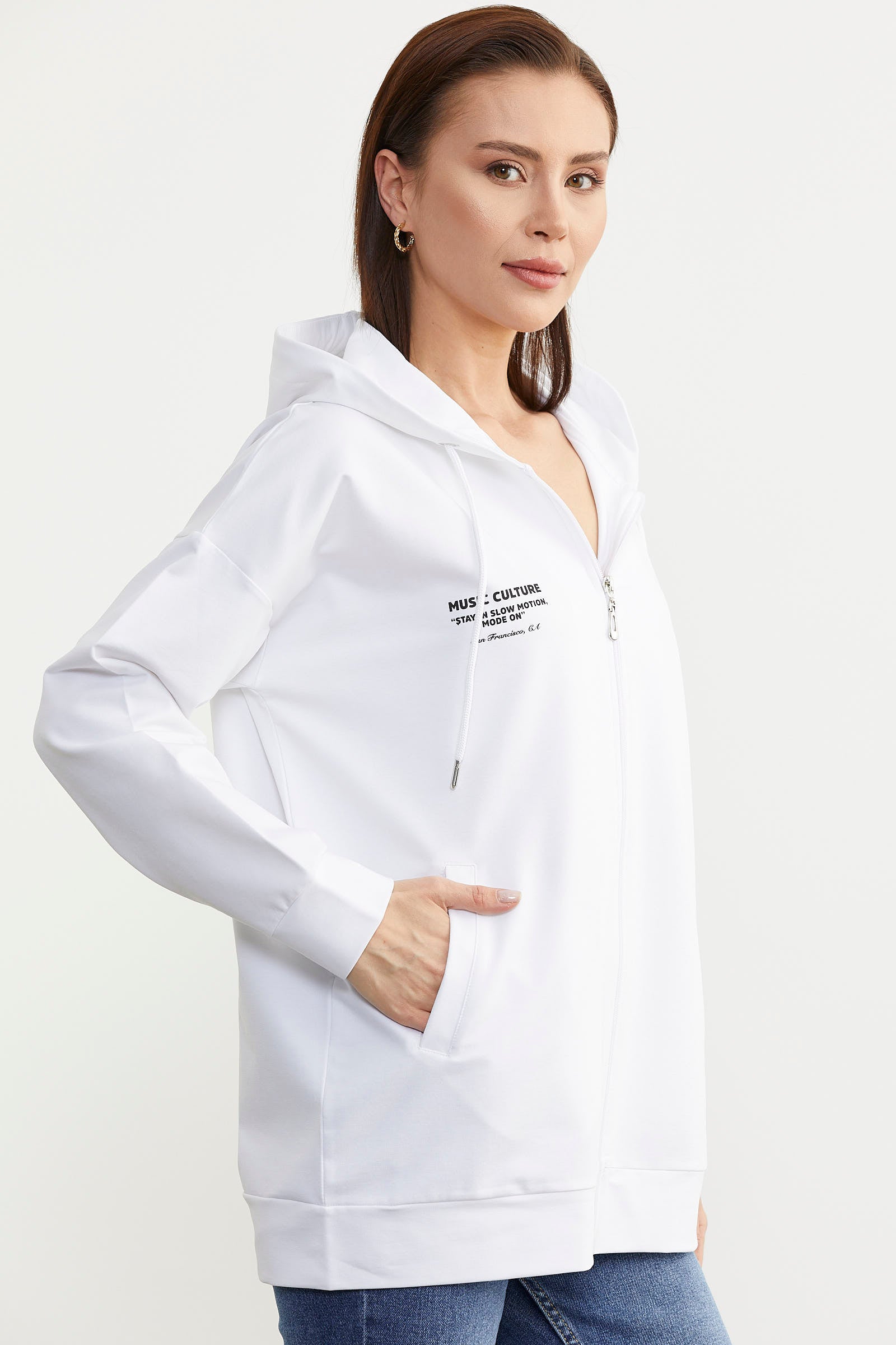 Fermuarlı Oversize Sweat - Beyaz (4) Sementa