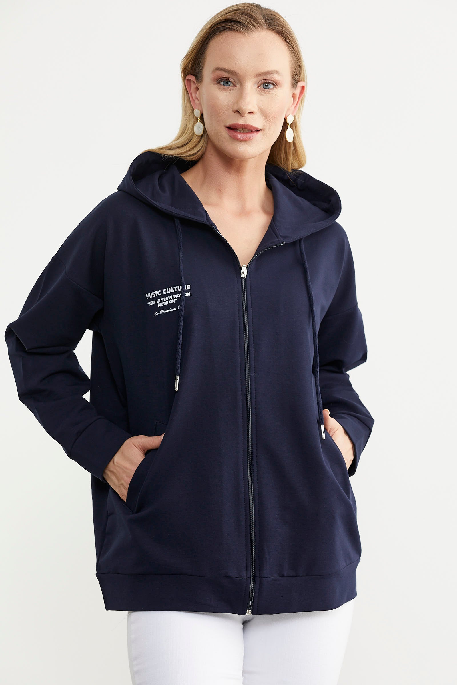 Fermuarlı Oversize Sweat - Lacivert (4) Sementa