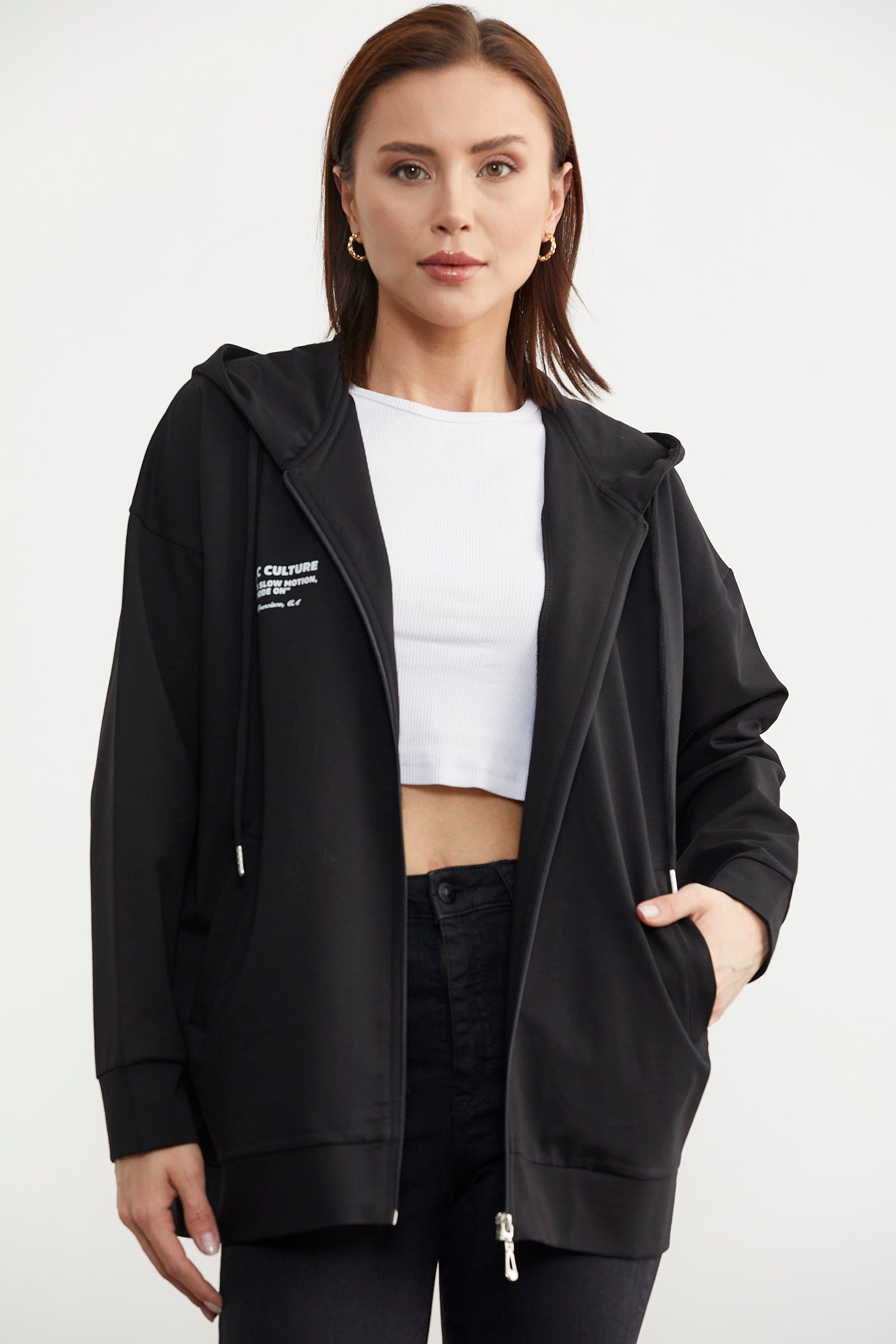 Fermuarlı Oversize Sweat - Siyah (4) Sementa