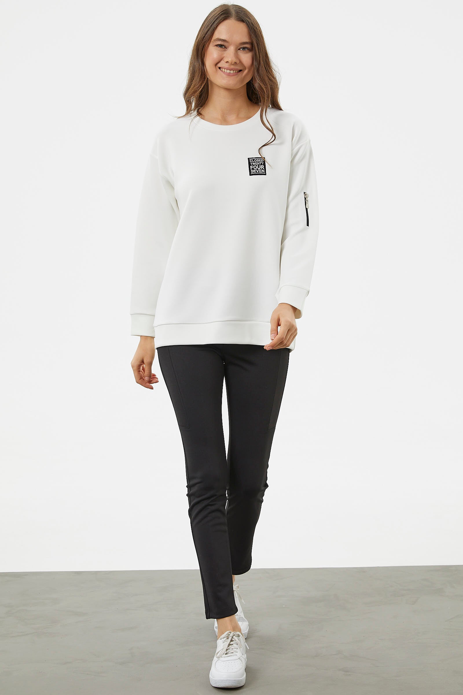 Fermuarlı Rahat Kalıp Sweatshirt - Ekru (4) Sementa