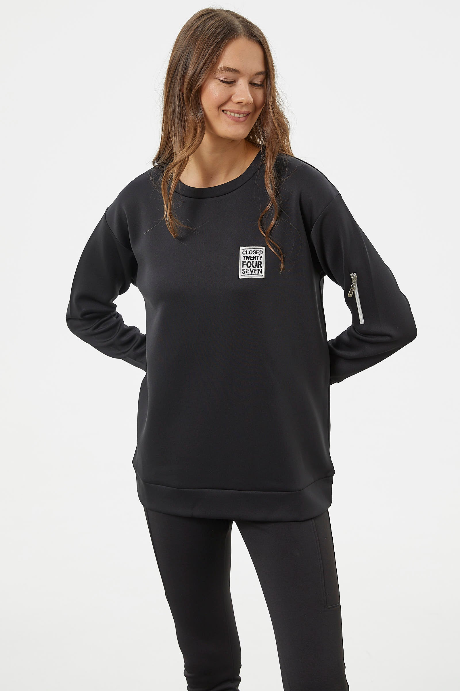 Fermuarlı Rahat Kalıp Sweatshirt - Siyah (4) Sementa