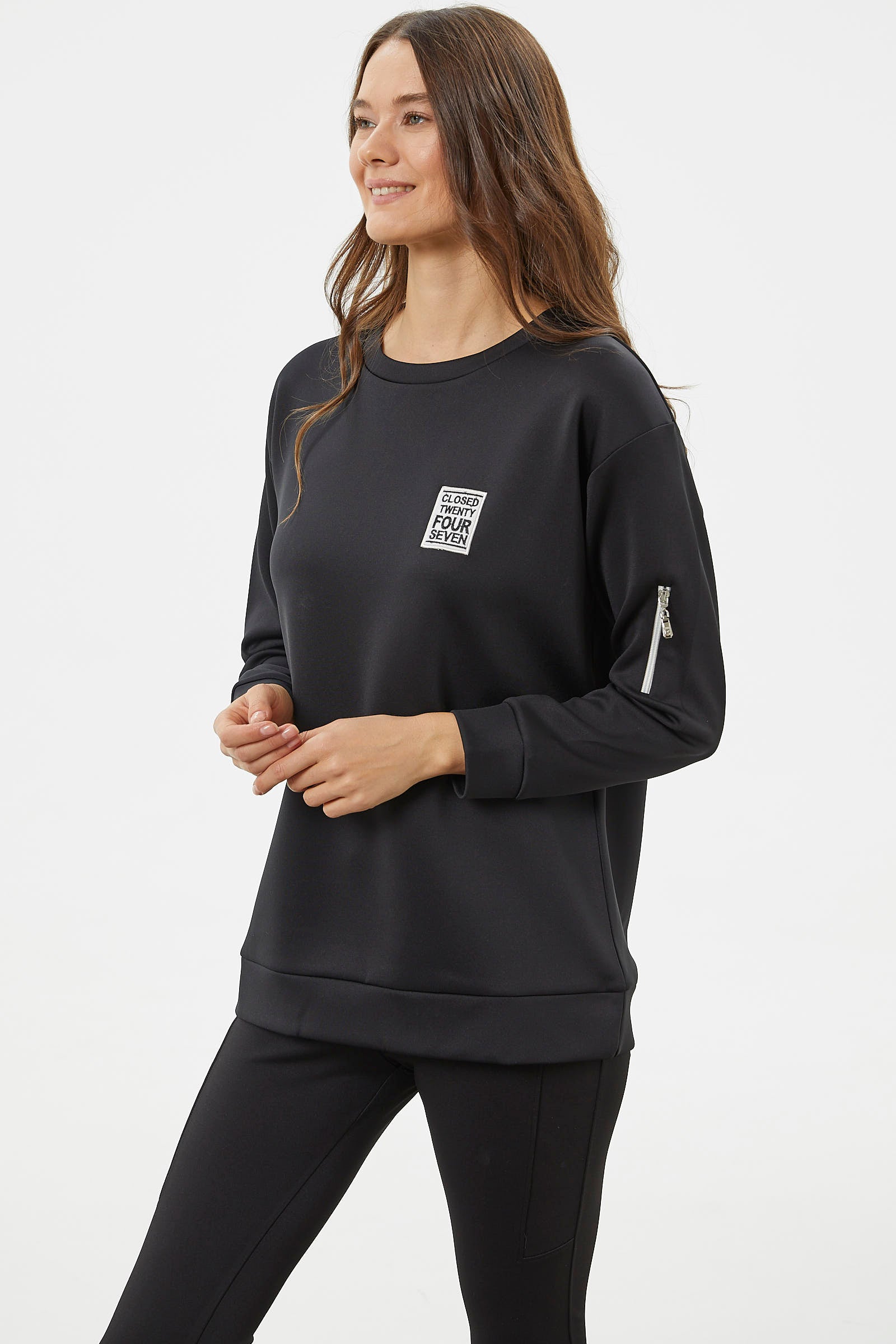 Fermuarlı Rahat Kalıp Sweatshirt - Siyah (5) Sementa