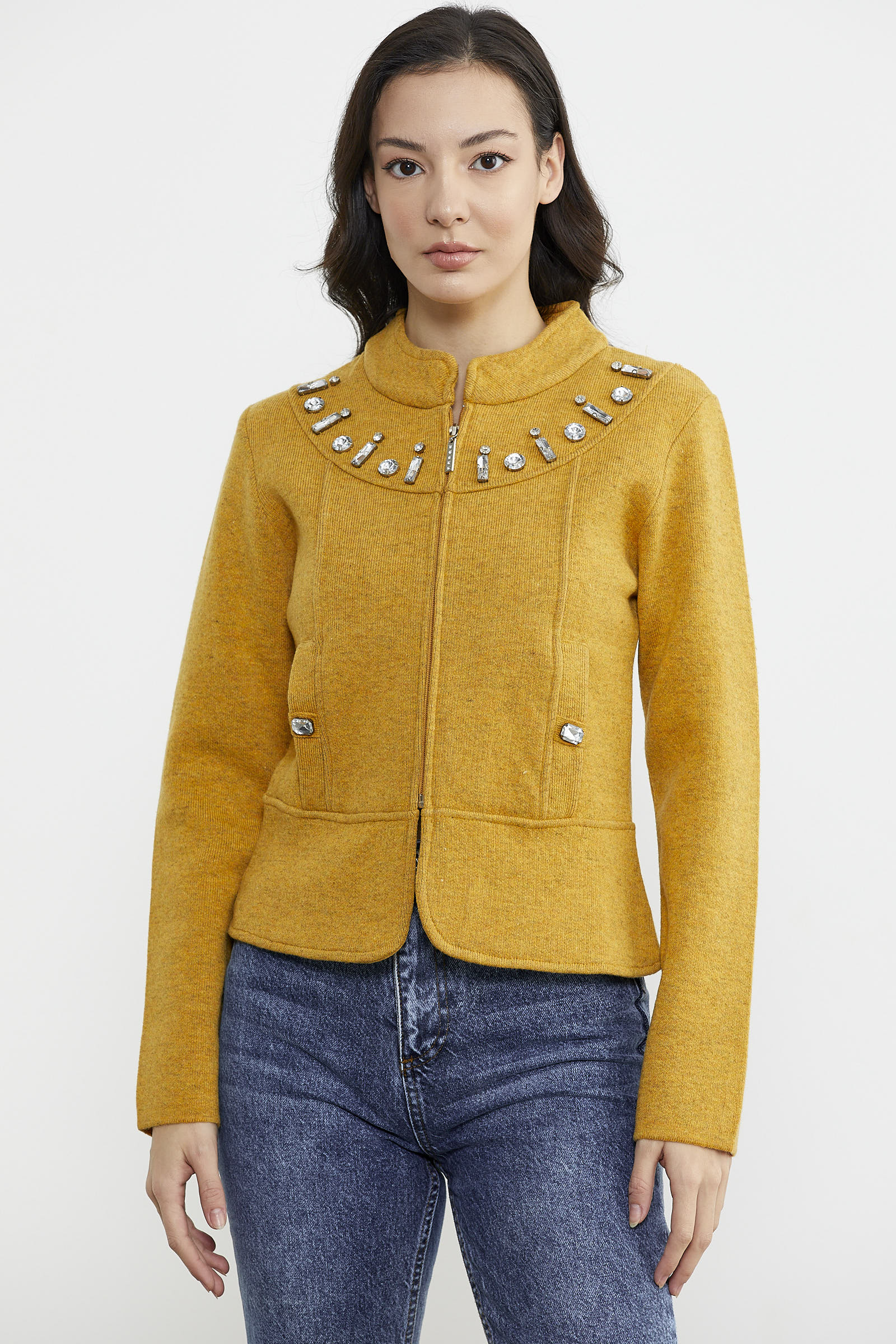 Fermuarlı Taş Detaylı Yünlü Triko Ceket - Güneş (1) Sementa
