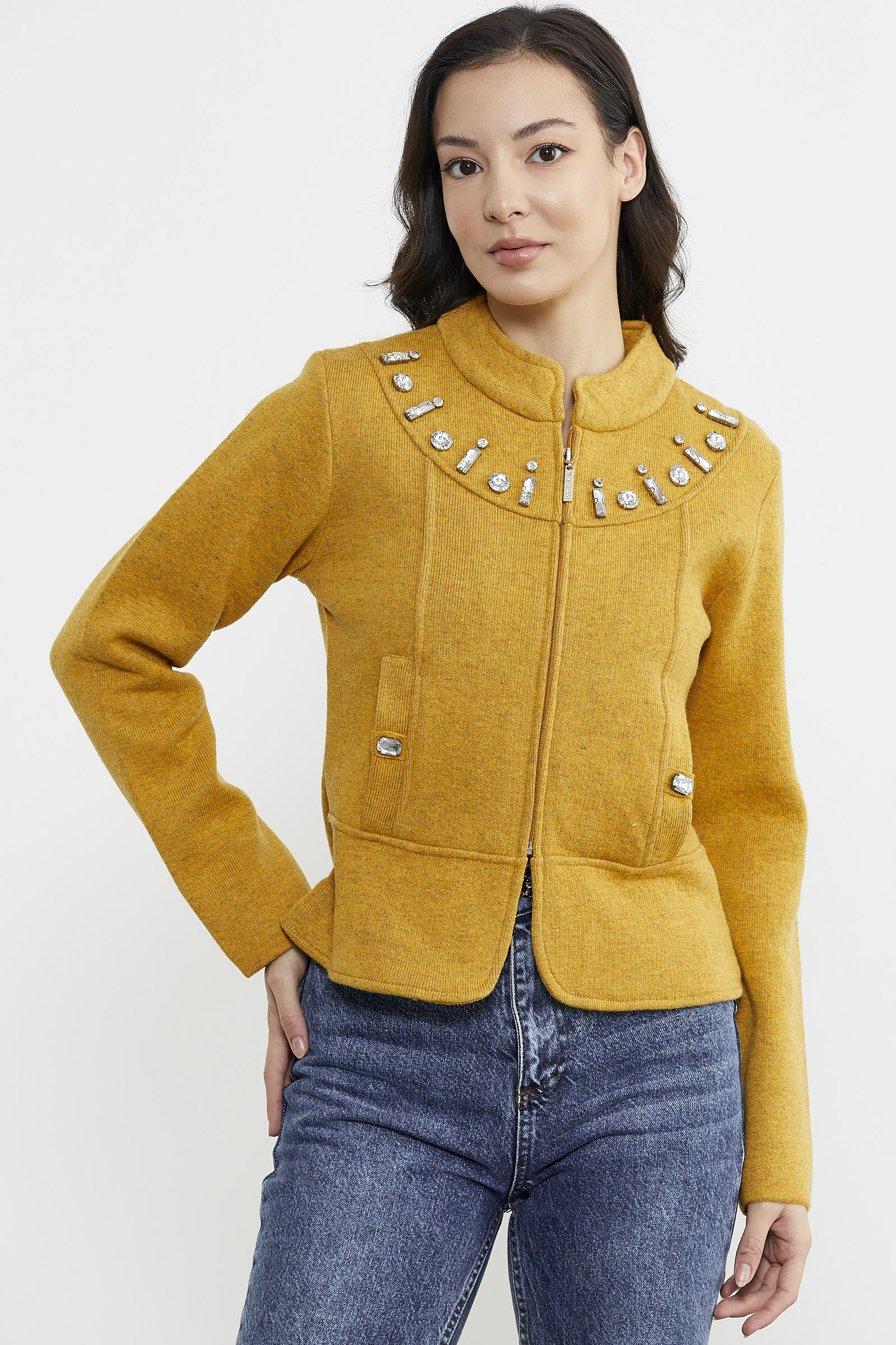 Fermuarlı Taş Detaylı Yünlü Triko Ceket - Güneş (2) Sementa