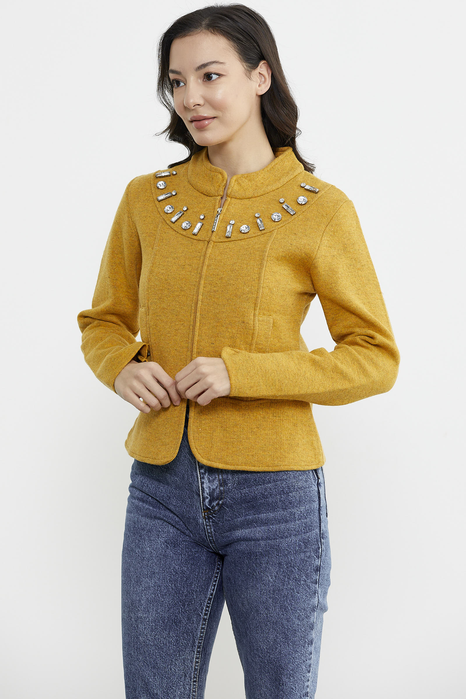 Fermuarlı Taş Detaylı Yünlü Triko Ceket - Güneş (3) Sementa
