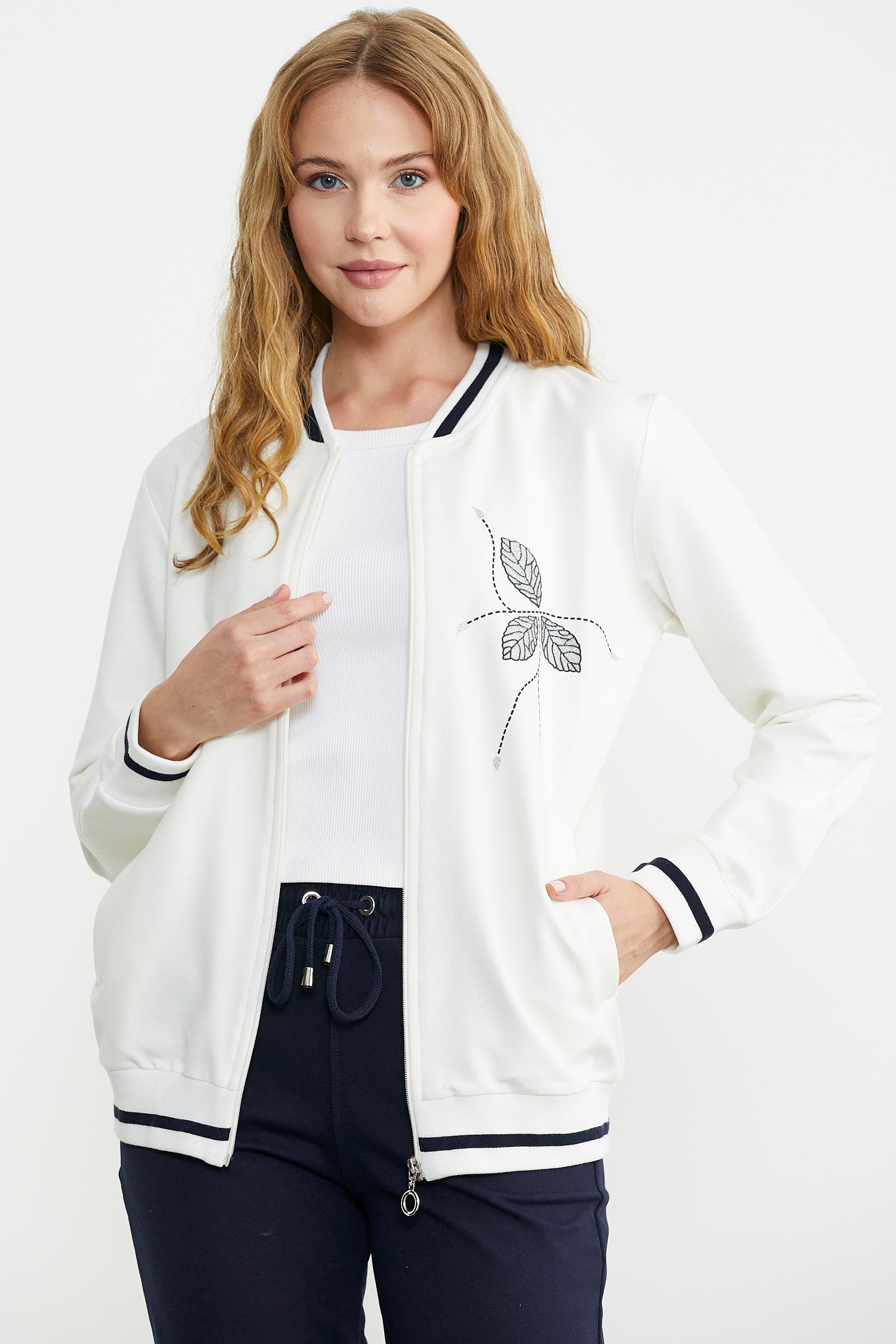 Fermuarlı Triko Kombinli Eşofman Takım - Ekru - Sementa