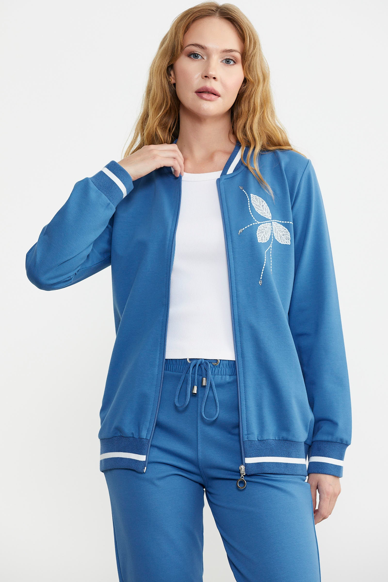 Fermuarlı Triko Kombinli Eşofman Takım - Saks - Sementa