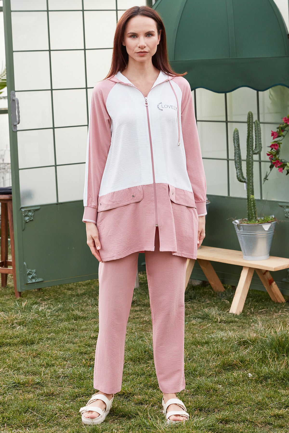 Fermuarlı Tunik Krep Takım - Pembe (1) Sementa