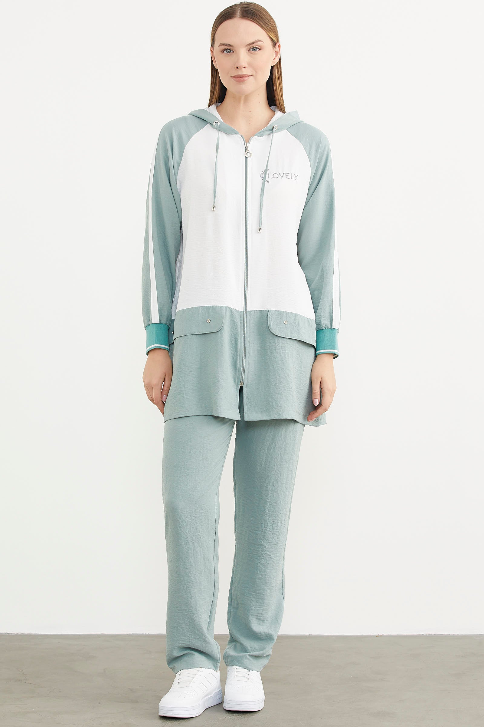 Fermuarlı Tunik Krep Takım - Yeşil (1) Sementa