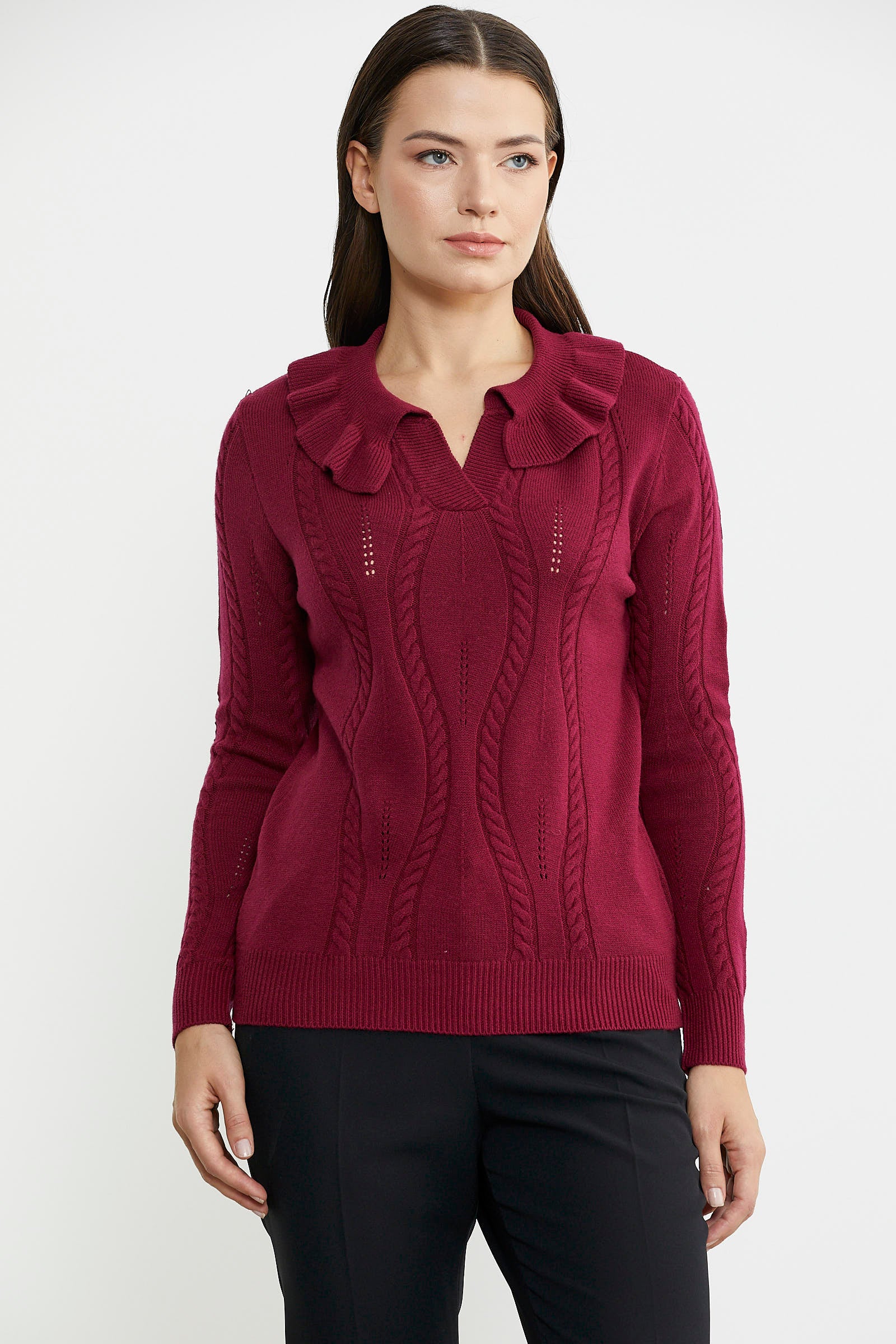 Fırfır Yakalı Motifli Triko Kazak - Bordo - Sementa