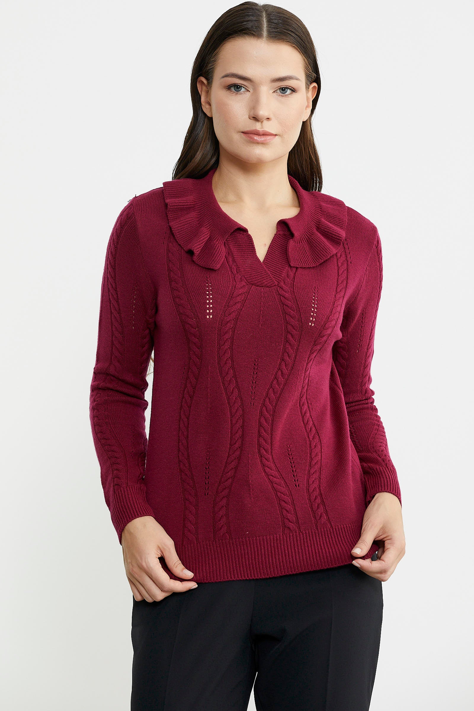 Fırfır Yakalı Motifli Triko Kazak - Bordo - Sementa