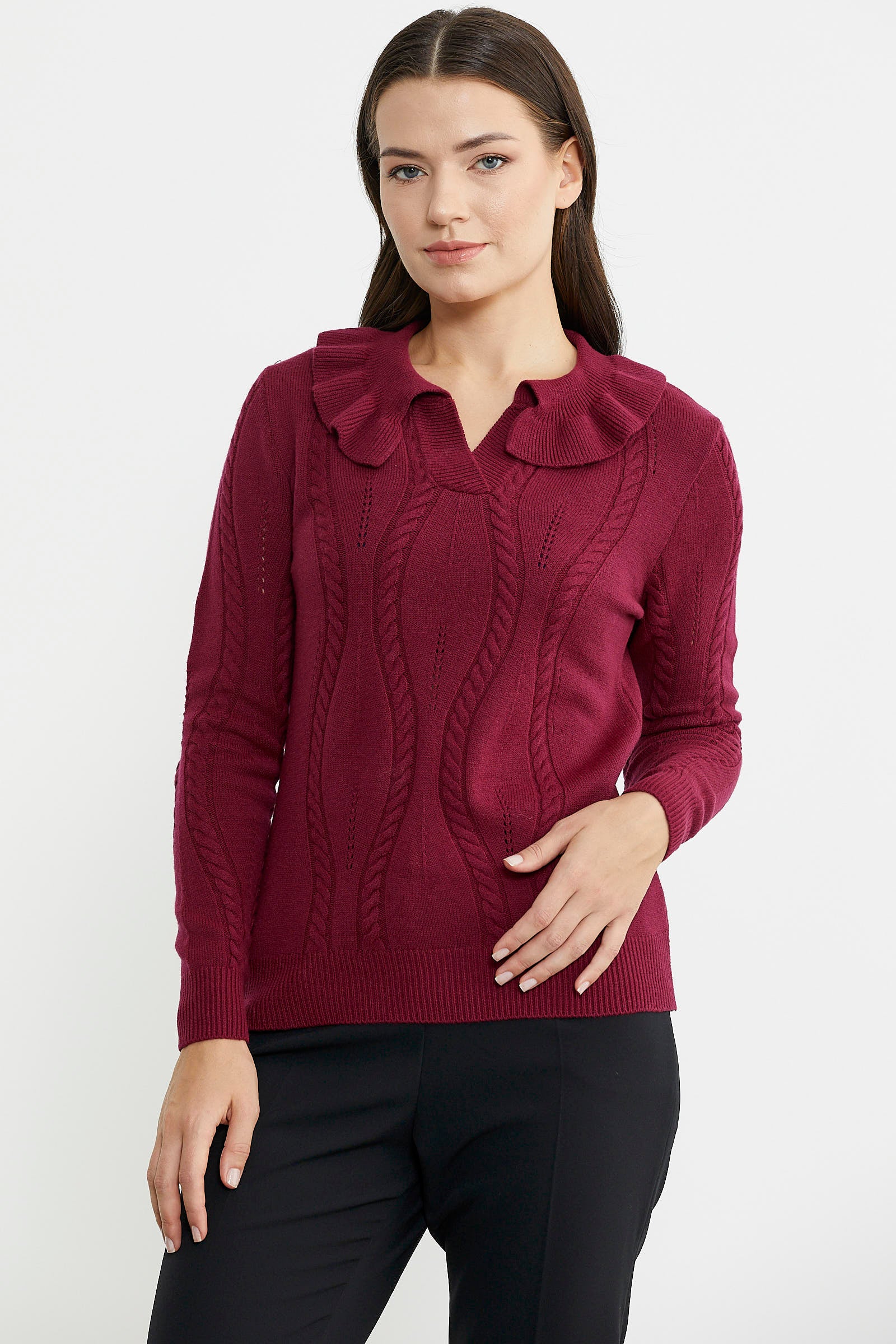 Fırfır Yakalı Motifli Triko Kazak - Bordo - Sementa