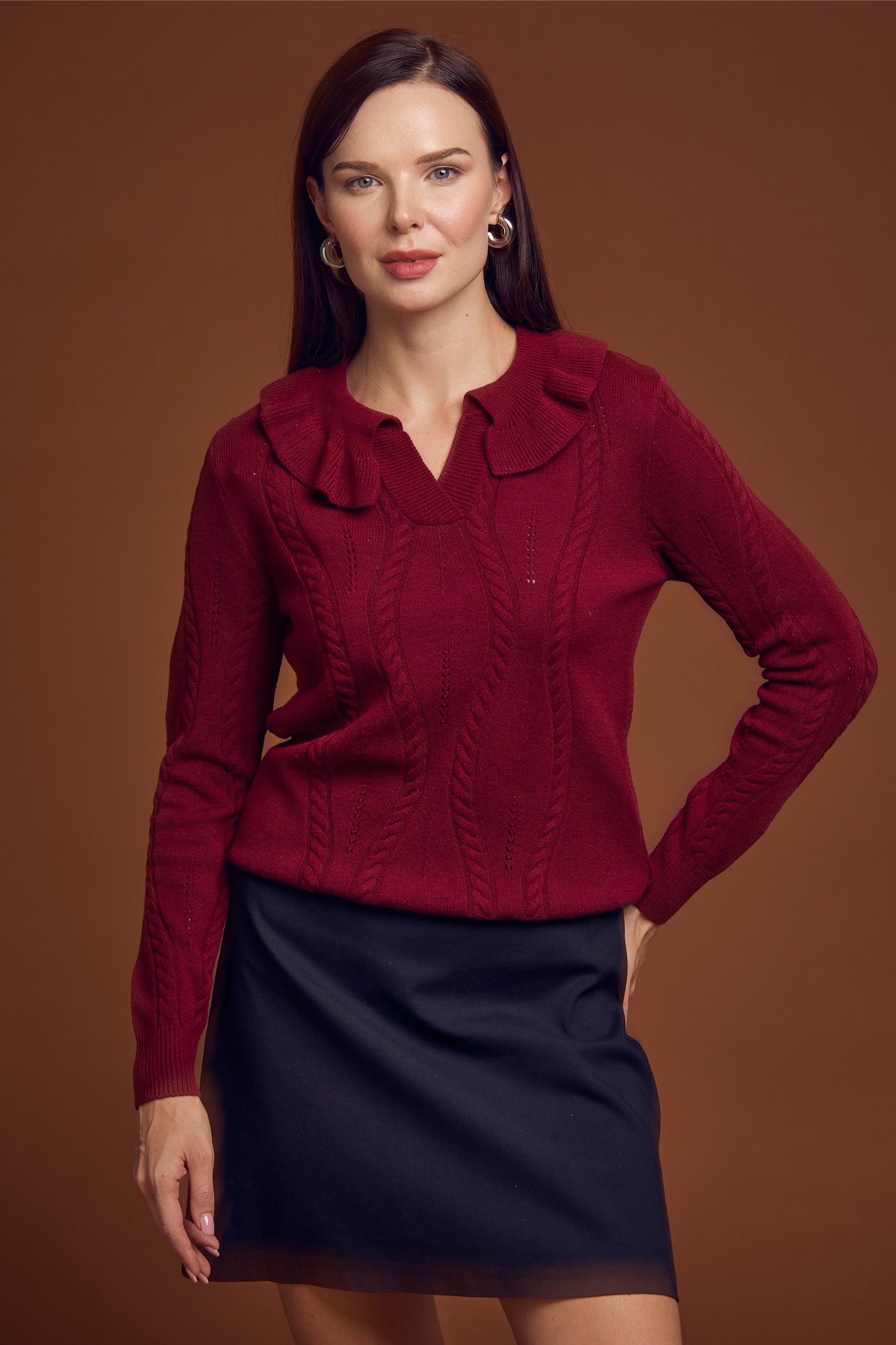 Fırfır Yakalı Motifli Triko Kazak - Bordo - Sementa