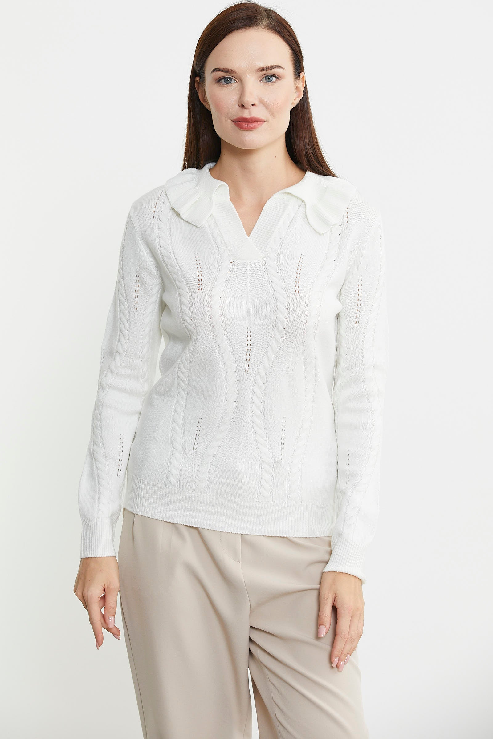 Fırfır Yakalı Motifli Triko Kazak - Kemik - Sementa